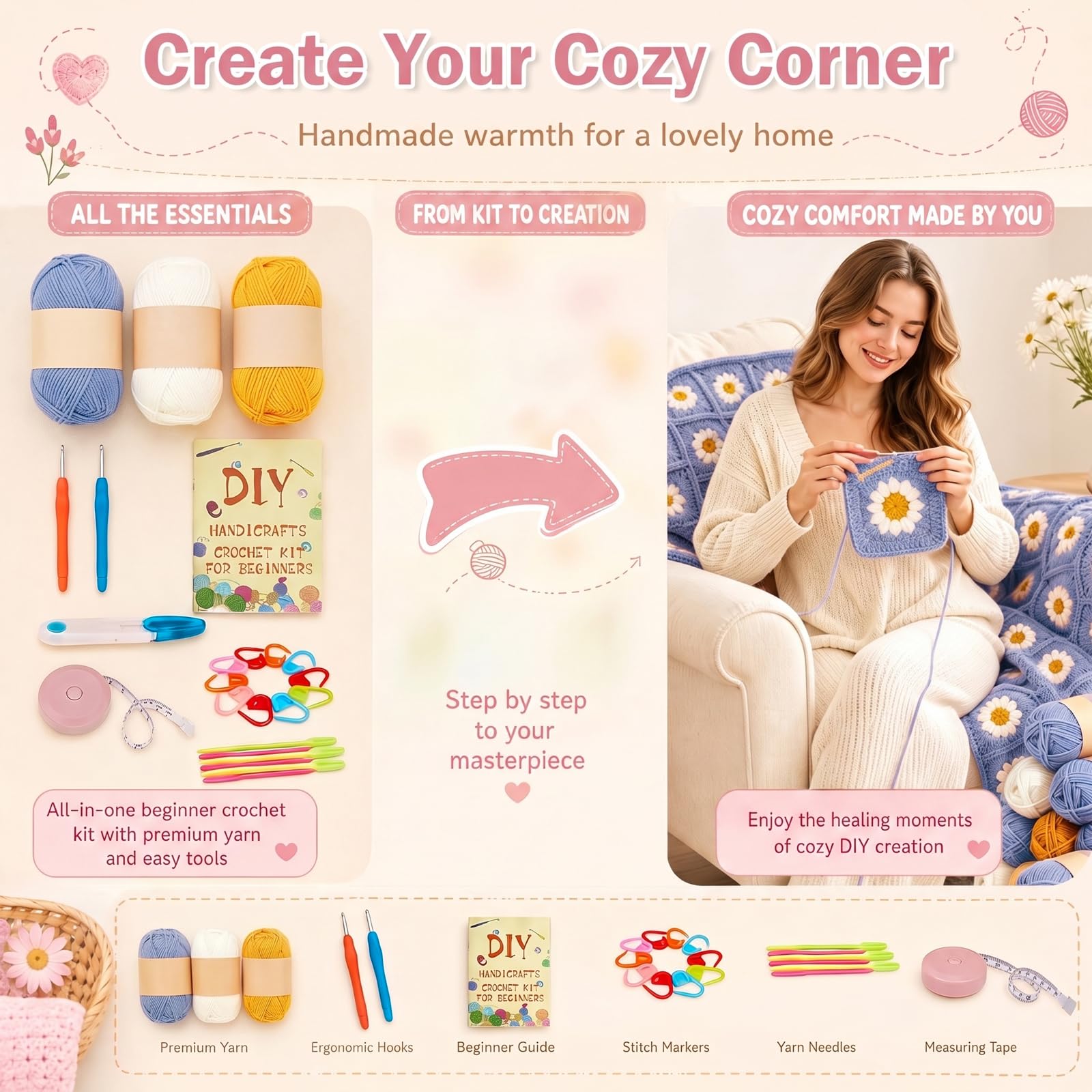 Kit Uncinetto Principianti,Con Istruzioni Passo,Filato E Accessori,Video