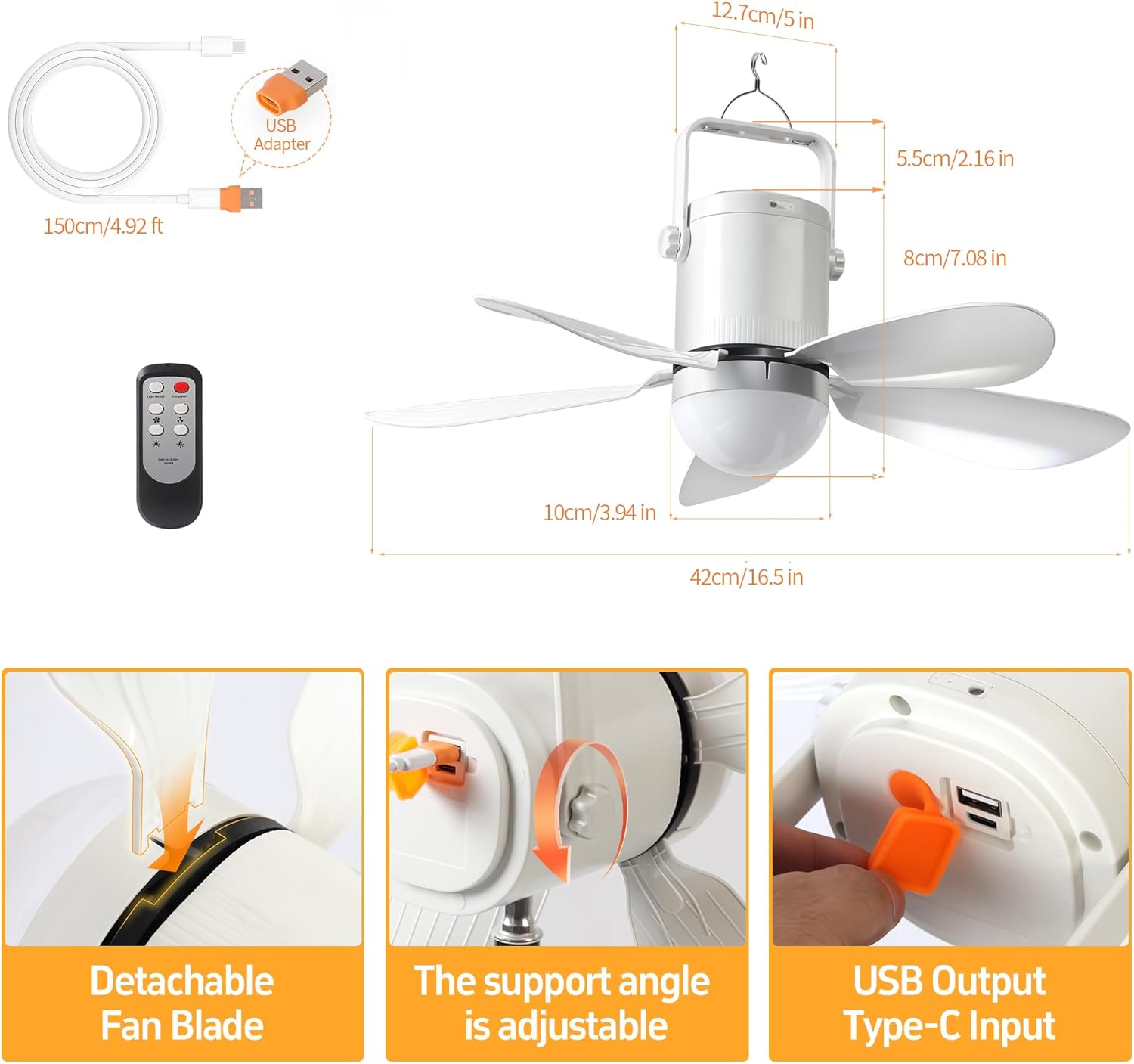 HZZ 16.5'' Ceiling Fan with Light, 10800mAh Rechargeable Battery, USB-C Fast Charge, DC Brushless Quiet Fan, RF Remote, 3 Installation Modes, for Gazebo, Patio, Camping Tent, Garage, RV, Emergency Use