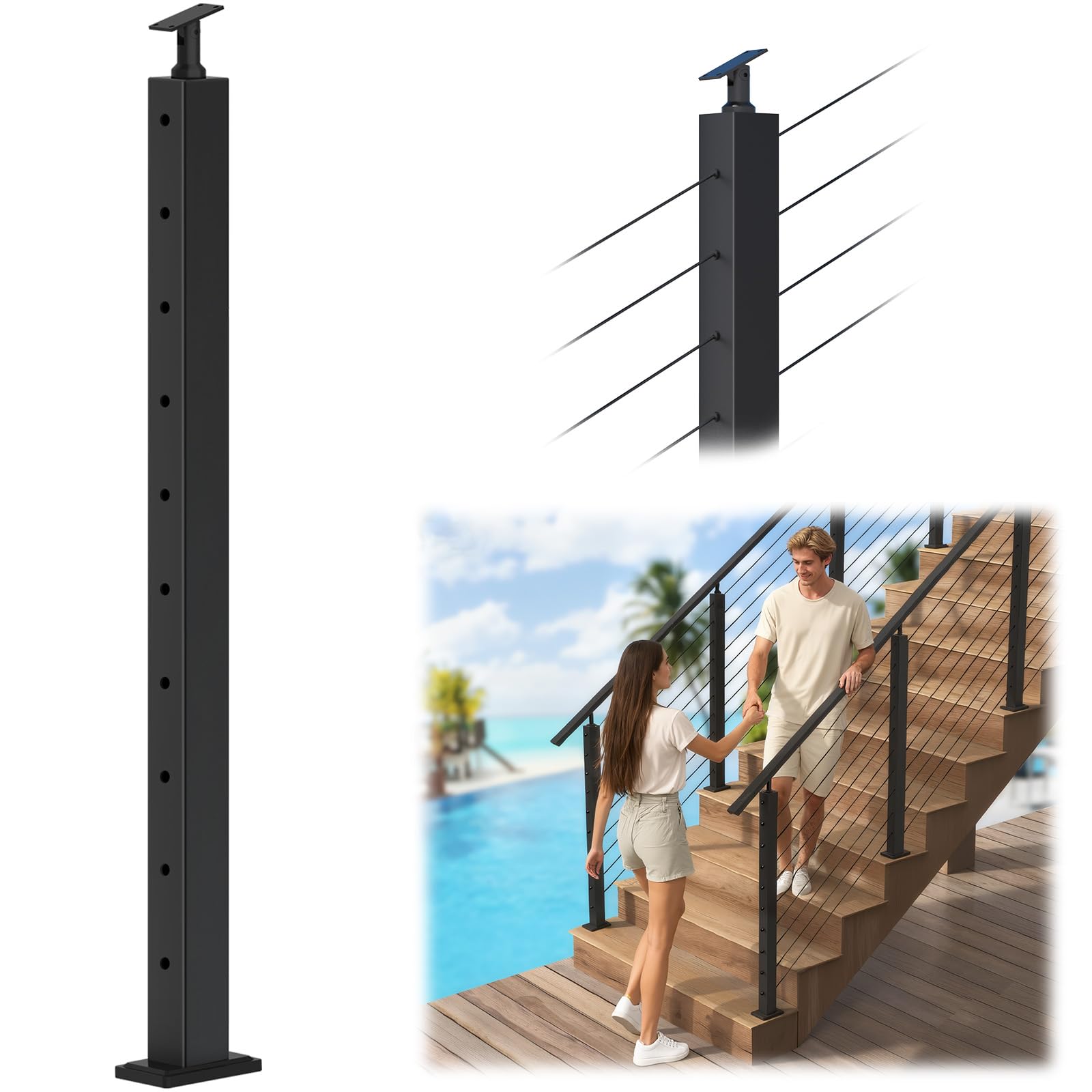 Zylorix SS316 Cable Railing Stair Post 36" (Post 35"x2"x2") for Coastal Lake, 33°Drilled Railing Post with Cable Grommets Fit for 28-38° Stairway,