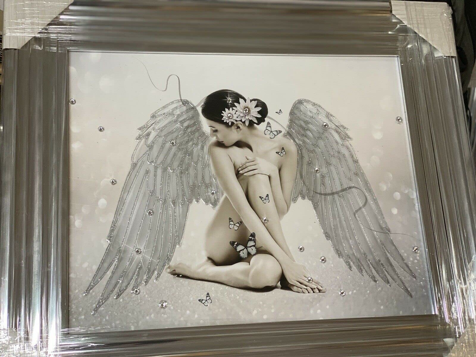 B&Q -  Sitting Angel With White Wings Modern Glitter Liquid Art Wallart Chrome Frame 55X55Cm