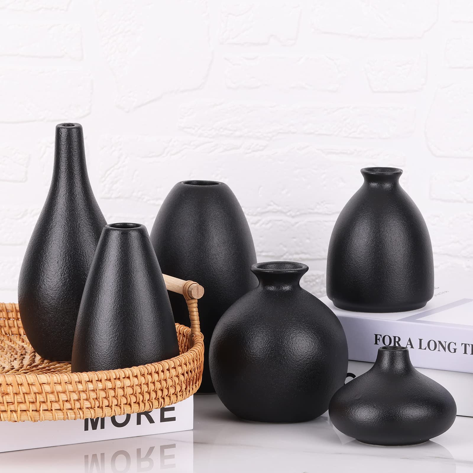 Boho piccoli vasi in ceramica nera opaca per centrotavola, confezione da 6vaso neri per fiori, Mini Bud Pampas erba