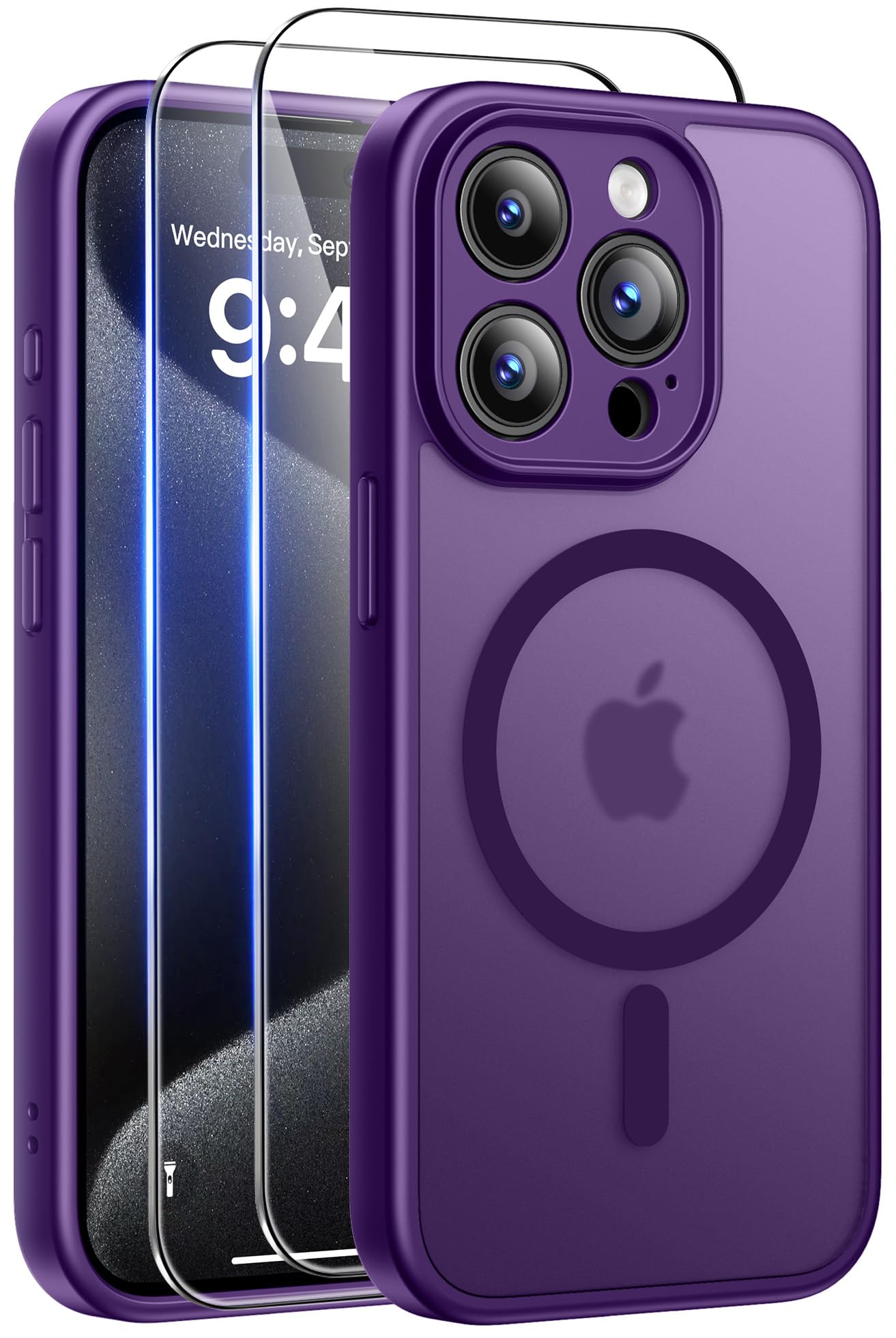 Qasyfanc für iPhone 15 Pro Hülle mit Panzer Schutz Glas Folie Kompatibel mit MagSafe, Hard PC Stoßfest Anti-Kratzer [Anti-Vergilbung] Rückseite Magnetisch Handyhülle - Dunkelviolett