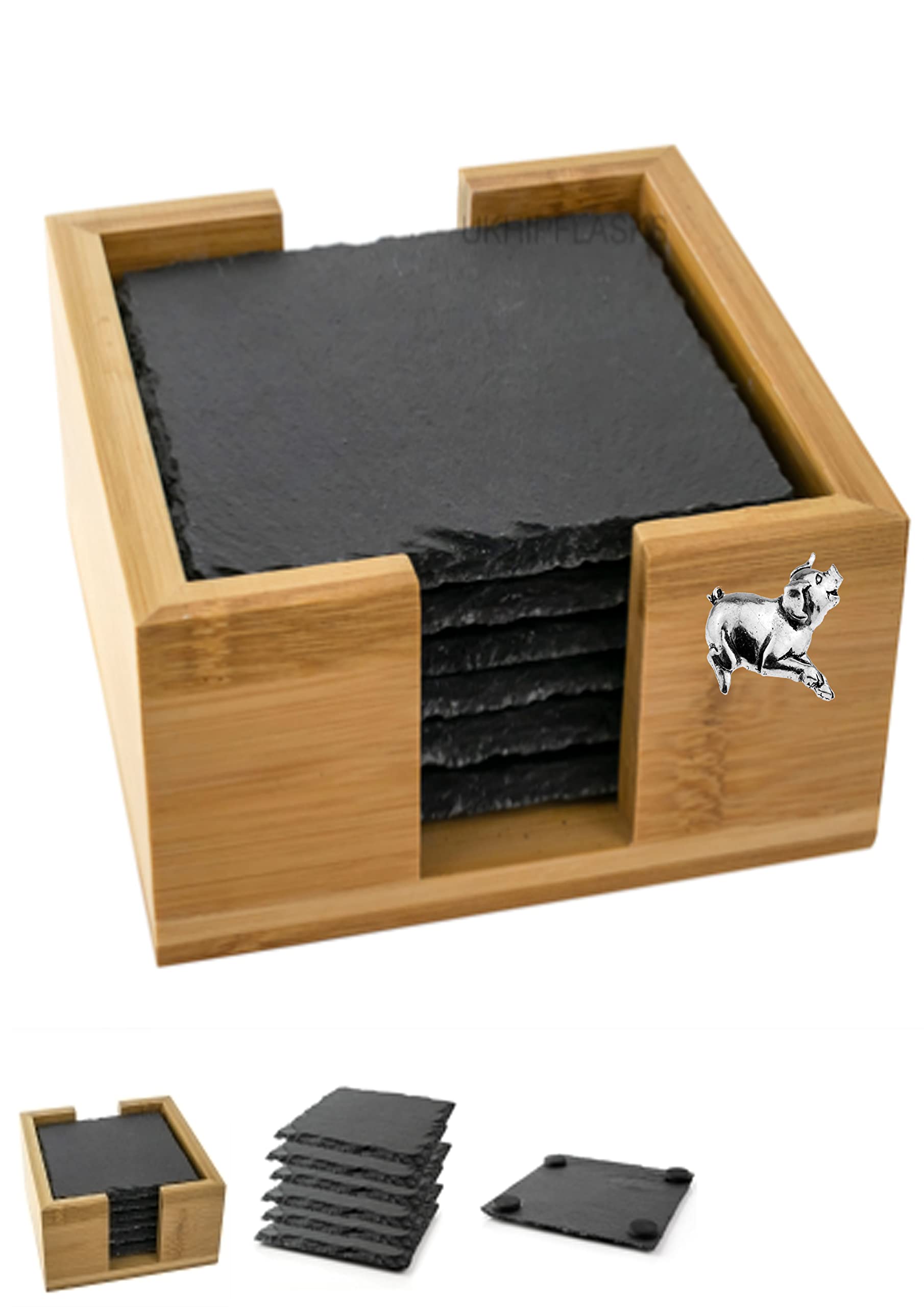 Dessous de verre carrés en ardoise cochon au galop Format A39 protège-table design