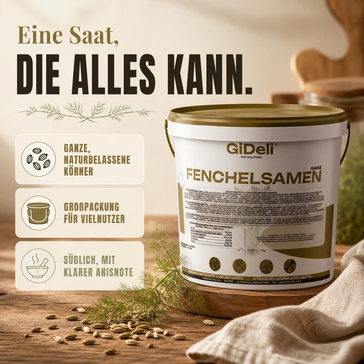 GiDeli Fenchelsamen Ganz aus Ägypten 10kg im Eimer - 100% Naturrein & ohne Zusatzstoffe - Premium Fenchelsaat für Fencheltee, Kräutertee & Brotgewürz - Mediterrane Würze mit Anisnote