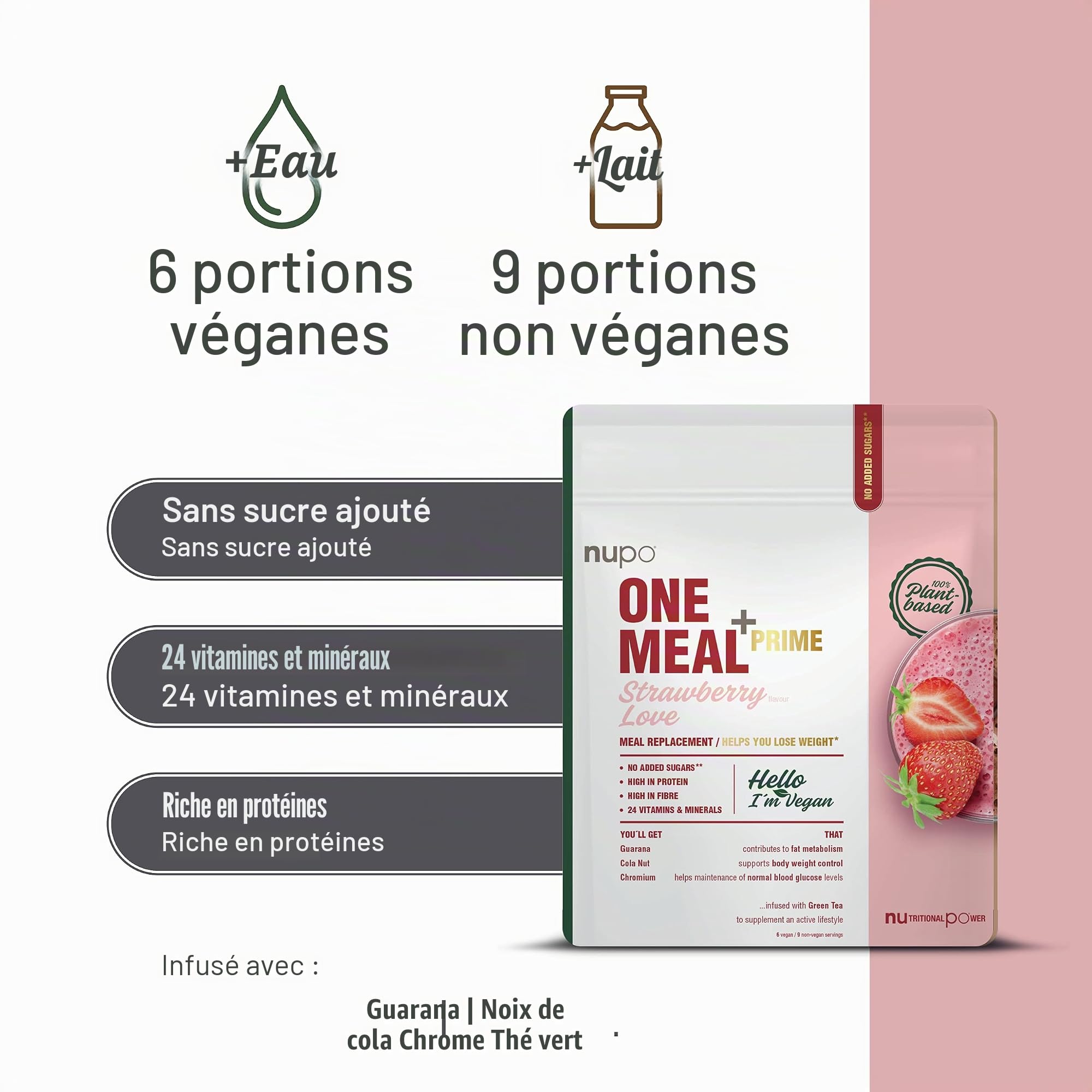 NUPO One Meal +Prime Vegan Shake – Fraise I Shakes de remplacement de repas savoureux pour un régime équilibré I Riche en protéines I Sans sucres ajoutés I 24 vitamines et minéraux I 360g