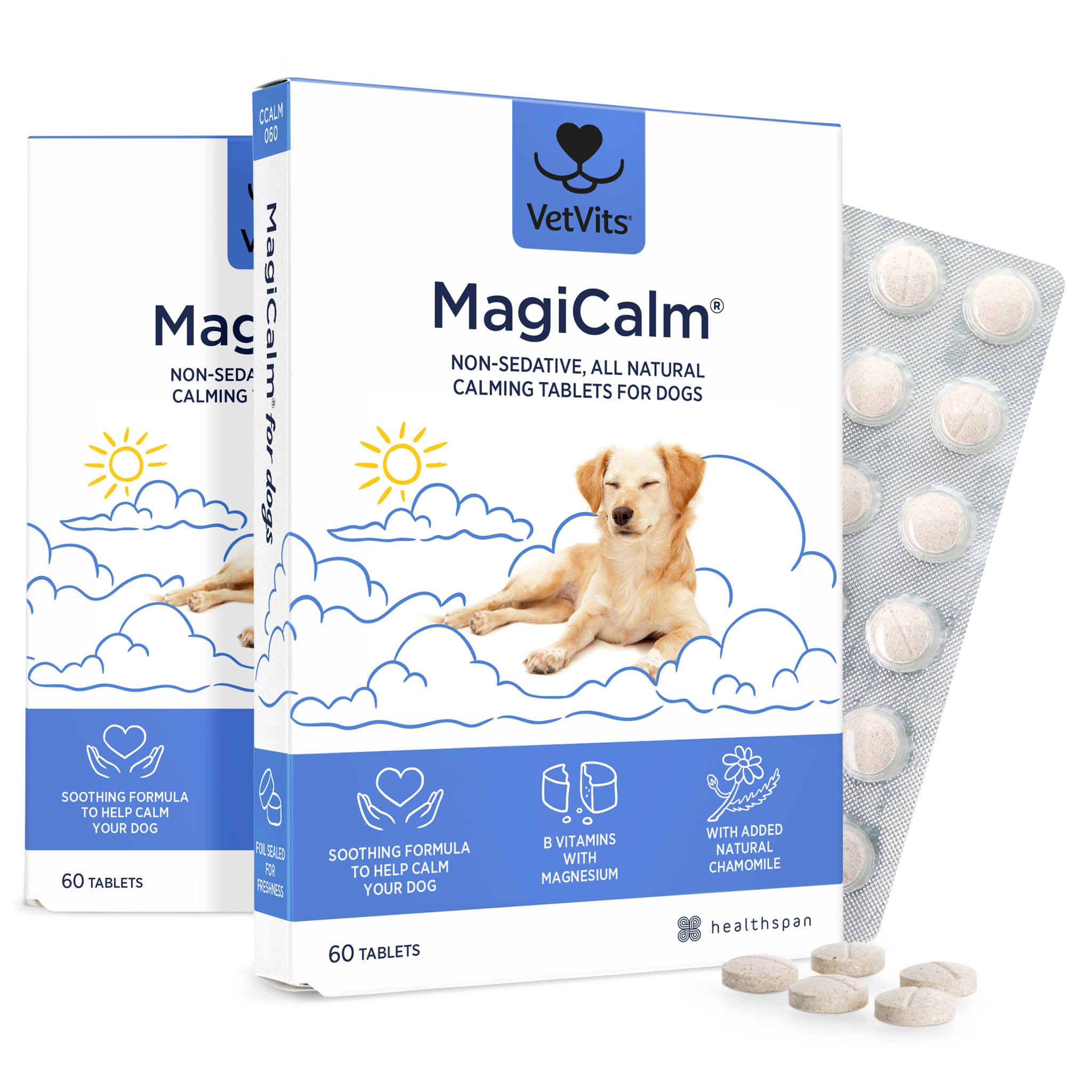 Vetvits MagiCalm For Dogs (60 Tablets) | For Naturally Calmer & Less Anxious Dogs | Gentle, Soothing Formulation | Magnesium, Chamomile & B Vitamins | Tasty Beef Flavoured (120 Tablets)