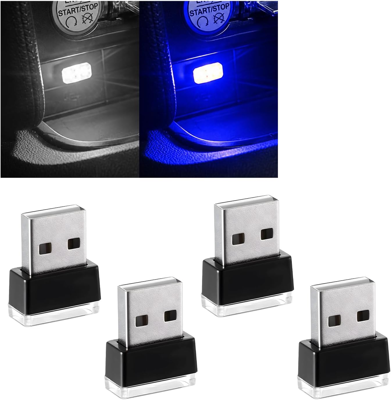 Augeny 4 PCS USB LED Car Interior Atmosphere Lamp, Plug-in USB Decor Night Light, Portable Auto Ambient Lighting Kit, Universal Vehicle Interior Accessories for Most Cars (White & Blue)