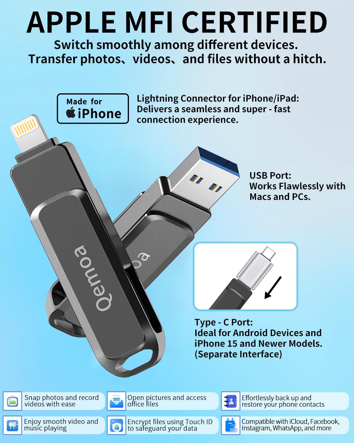 Chiavetta fotografica da 256 GB certificata MFi per iPhone, memoria esterna Photo Keeper per salvare dati/backup/trasferire file/immagini/video/iPhone/iPad/iOS/Android/PC (nero). Spazio disponibile: ~