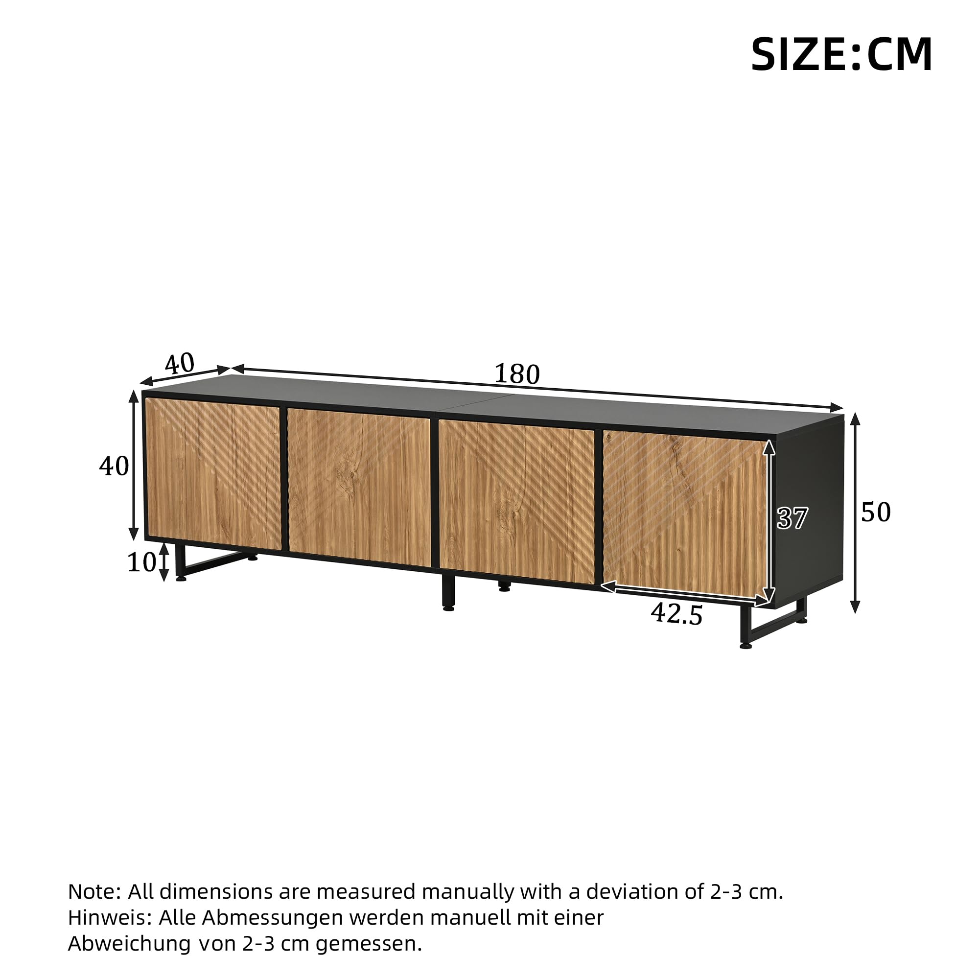 Stojak pod telewizor 180 cm na telewizor 80-calowy, czarny, z 4 drzwiami, nowoczesny stolik konsolowy 180 x 40 x 50 cm, stylowe centrum rozrywki (Nor-4Z)