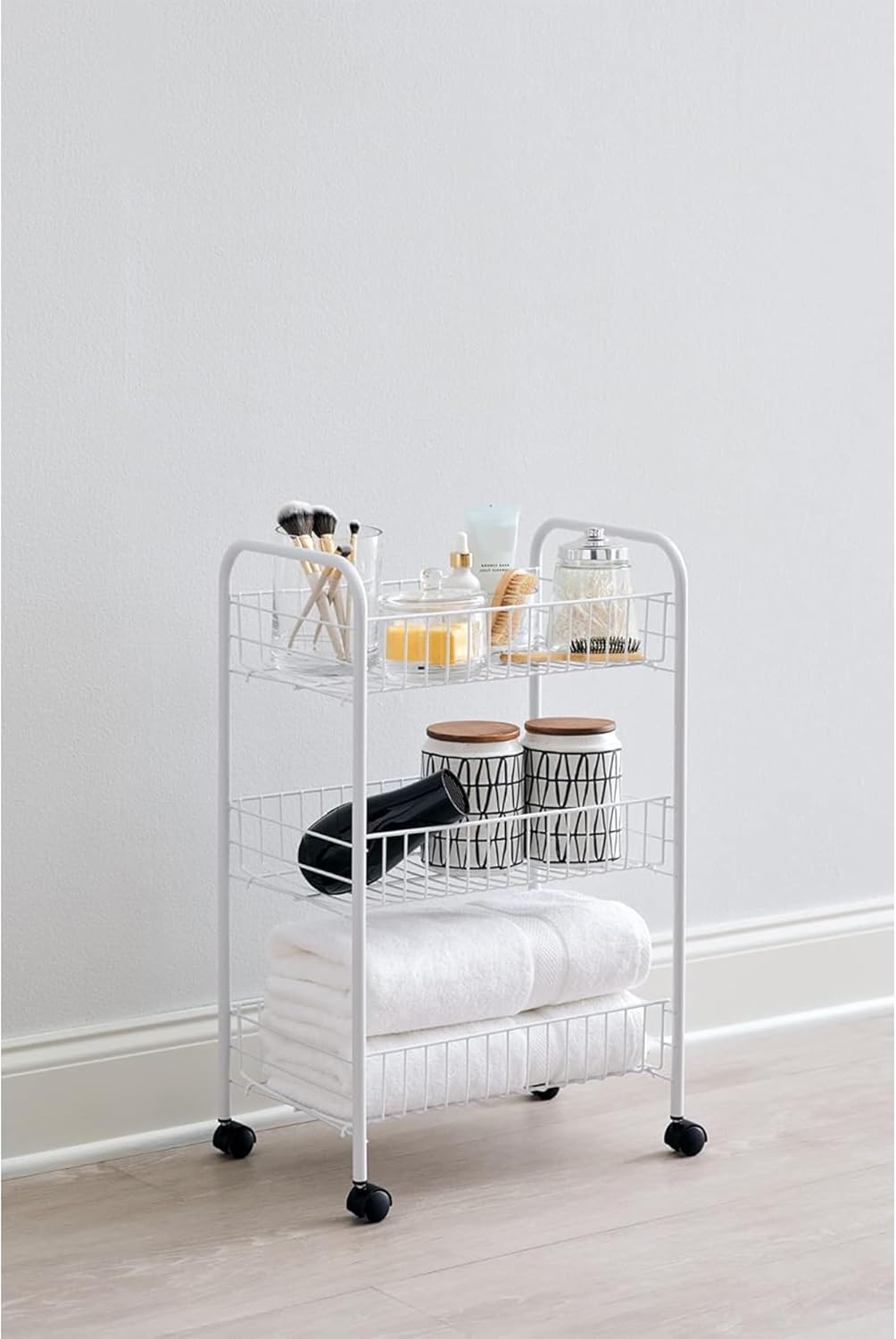 Rubbermaid 3-Tier Shelving Wheeled Organizer, Wire Adjustable Metal Storage Cart, for Office/Kitchen/Bedroom/Laundry Home Use, White