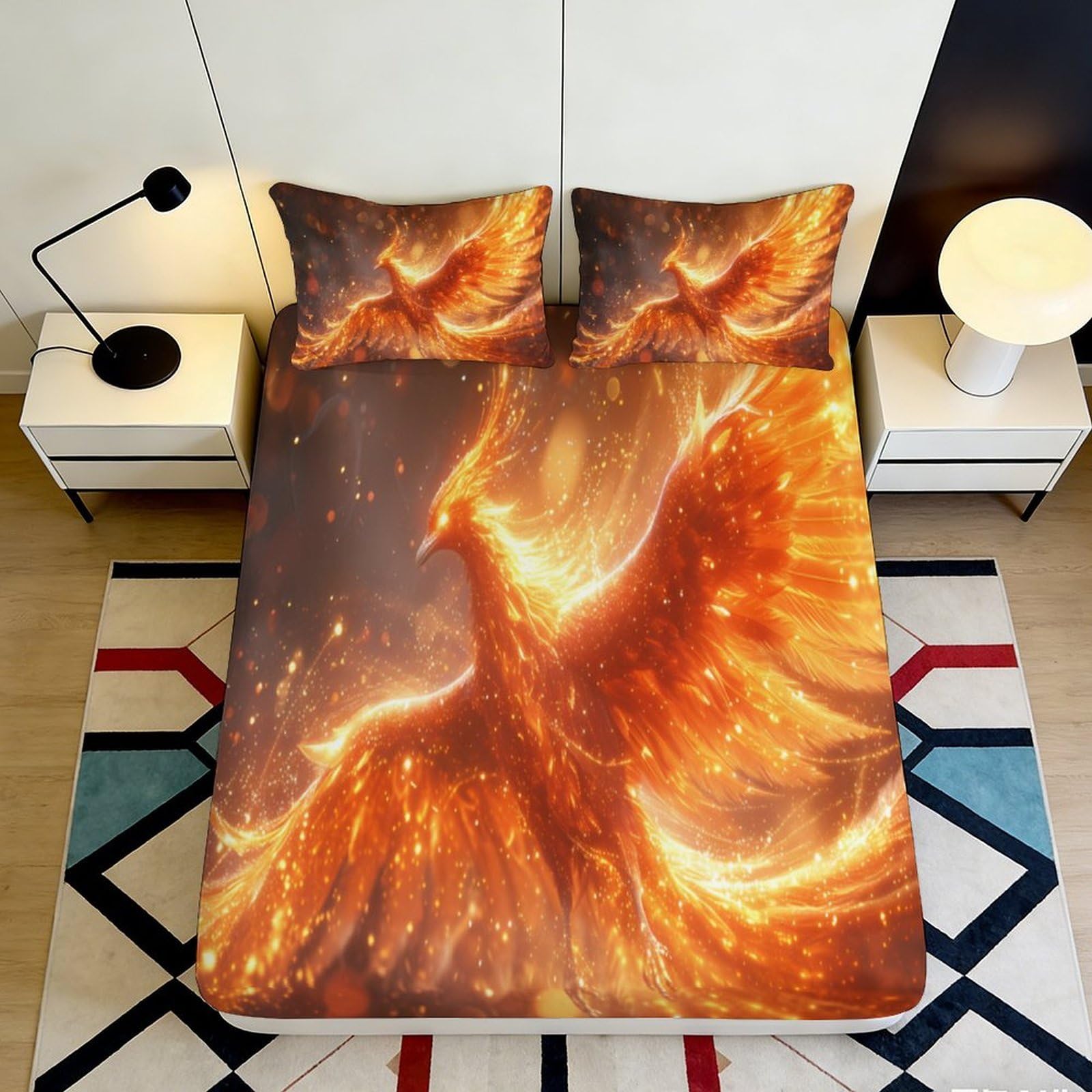 Pnayamiorkfel Style-5 3D Printed Fiery Phoenix Fitted Sheet Microfiber Anti-Slip Mattress Cover Orange Flame Bedroom Decor Easy Care 90X200x25cm