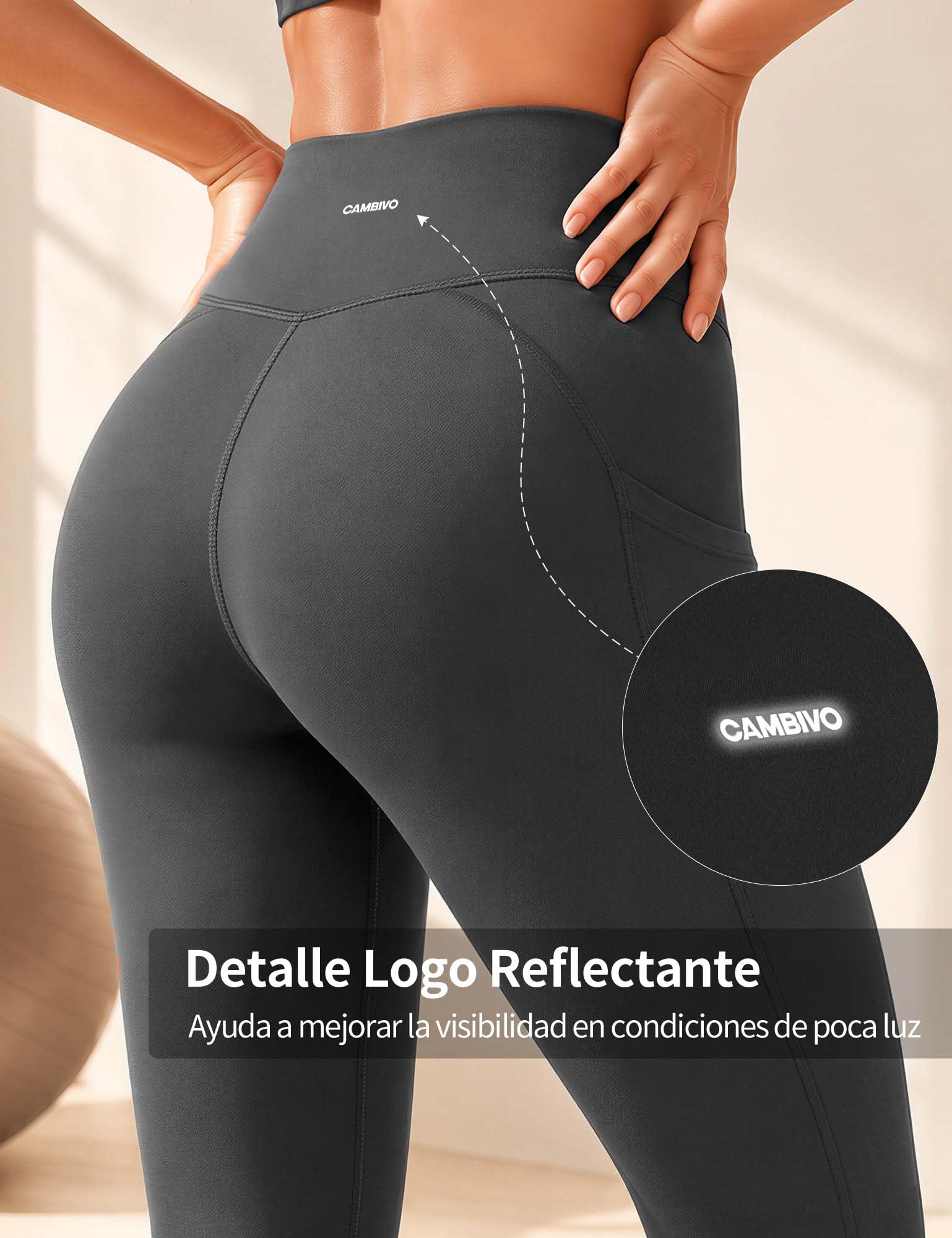 CAMBIVO Leggins Deportivos Mujer, Mallas Deporte Push up Cintura Alta, Leggings Pantalones Yoga Pants Elasticos con 3 Bolsillos para Gimnasio, Running, Fitness, Pilates