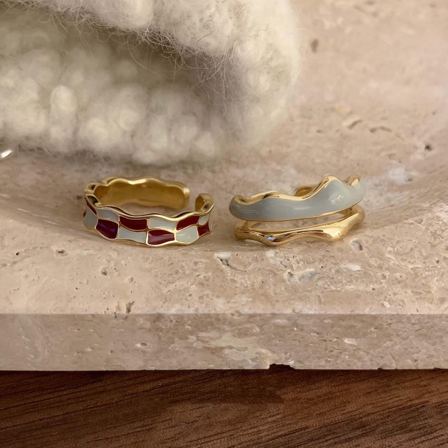 W WEILIRIAN Vintage Beige Enamel Rings for Women lattice Knuckle Rings Minimal Stacking Ring Boho Finger Ring Enamel Open Ring Handmade Adjustable Ring Jewelry for Girls Gifts - Image 3