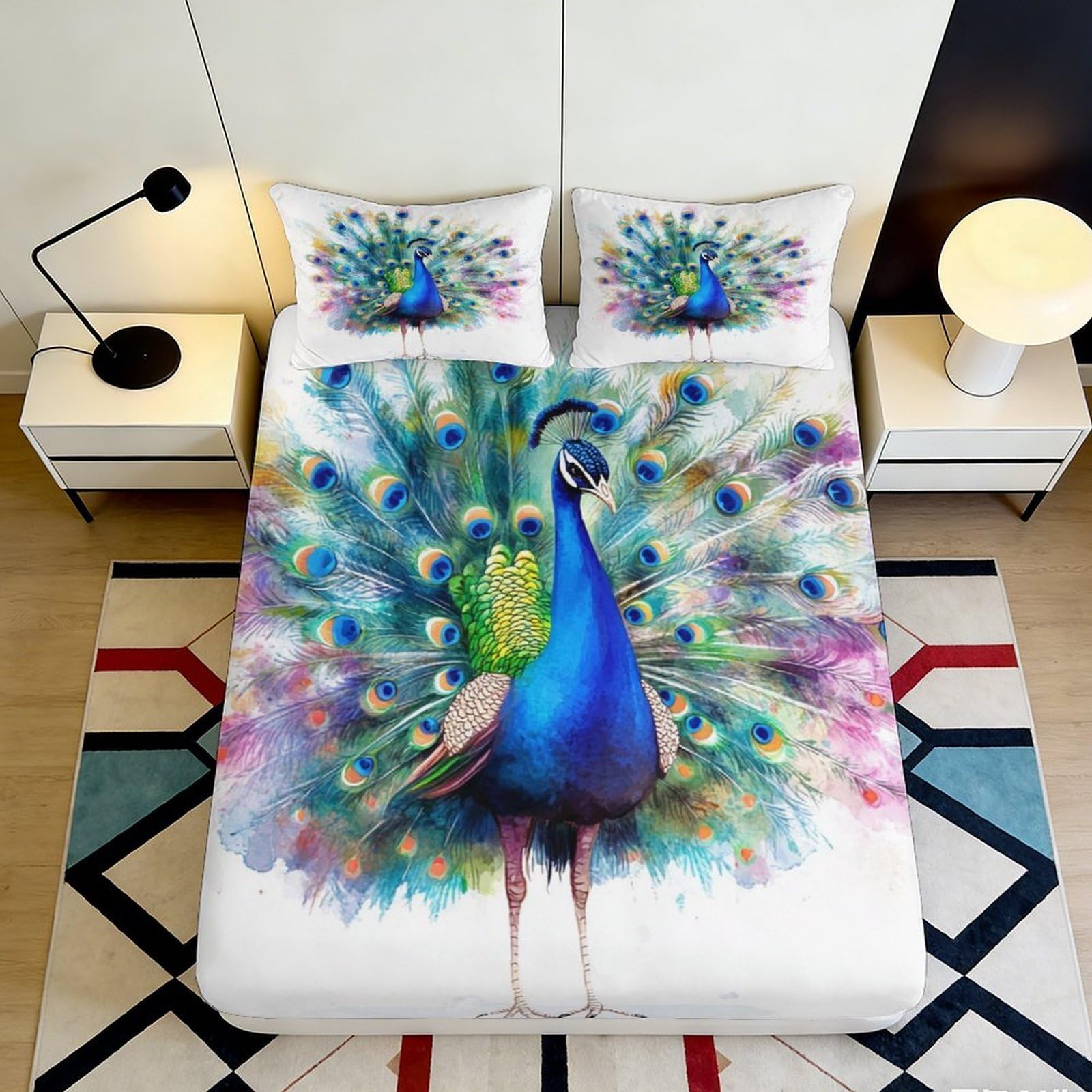3D Printed Peacock Art Fitted Sheet Microfiber Soft Decorative Mattress Cover for Bedroom Guest Room Dorm Protection 90x200x25cm