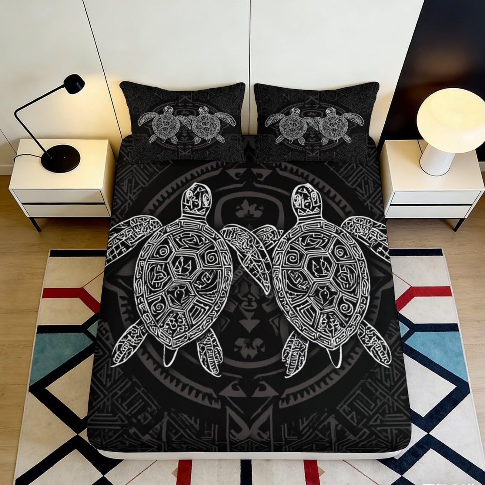 Jqzkxnhpbr Style-1 3D Printed Tribal Turtle Fitted Sheet Microfiber Soft Black Ocean Bed Cover For Bedroom Guest Room Decor Protection 90X200x25cm
