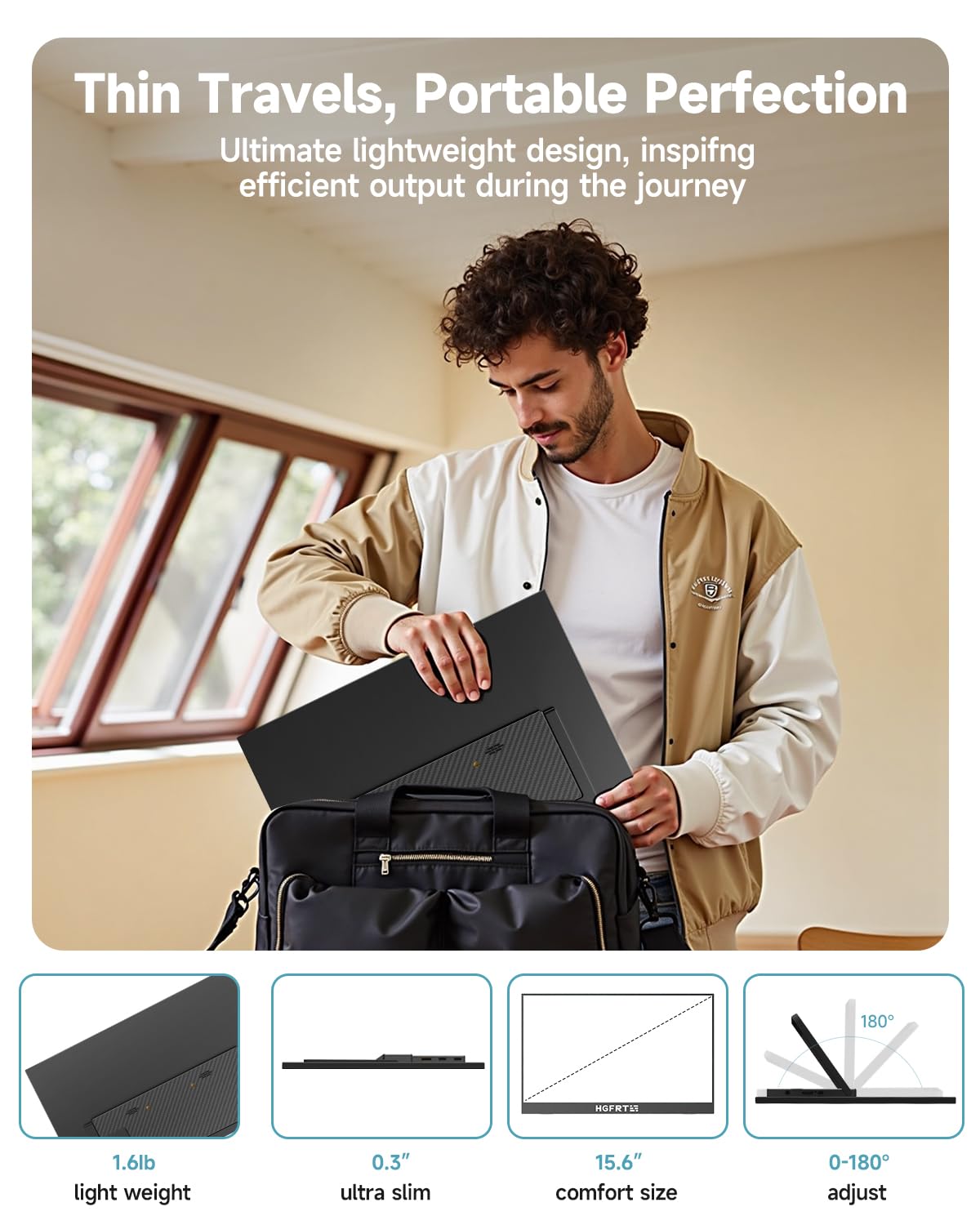 Écran Portable Tactile 15,6", 1920×1080 FHD IPS 10-Point Touchscreen, sRGB 80%, 178°, 60Hz, Haut-parleurs, USB-C, Mini-HDMI, VESA, sur Pied, pour Ordinateur Portable, Windows