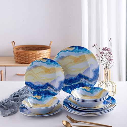 Miniatura 2 de Juego de vajilla de melamina de 12 piezas, platos de plástico duraderos para interiores y exteriores, platos llanos de melamina y cuencos de