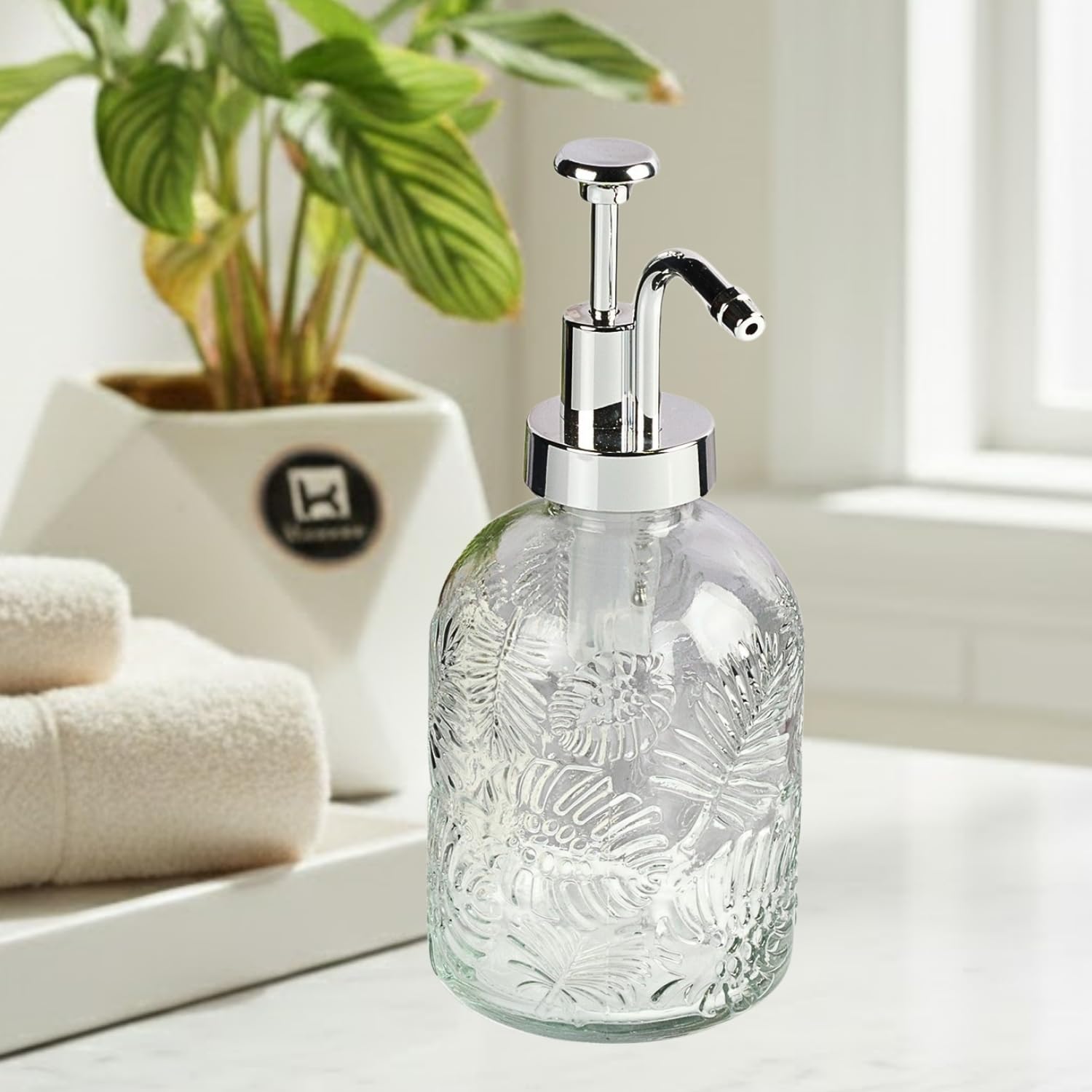 Kookee Refillable Glass Soap Dispenser with Pump for Bathroom & Kitchen | Hand Wash, Lotion & Liquid Soap Dispenser for Wash Basin | Transparent (Set of 1) (11585)-image-14