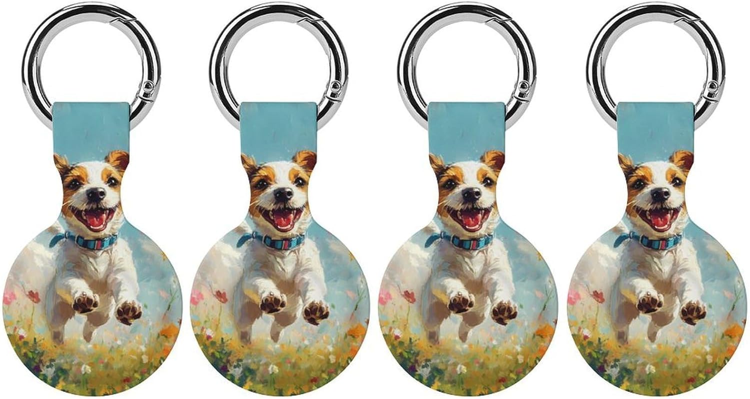 Happy Jack Russell Terrier Dog Running Case Compatible with AirTag Holder Cover with Keychain Ring for Bags Luggages