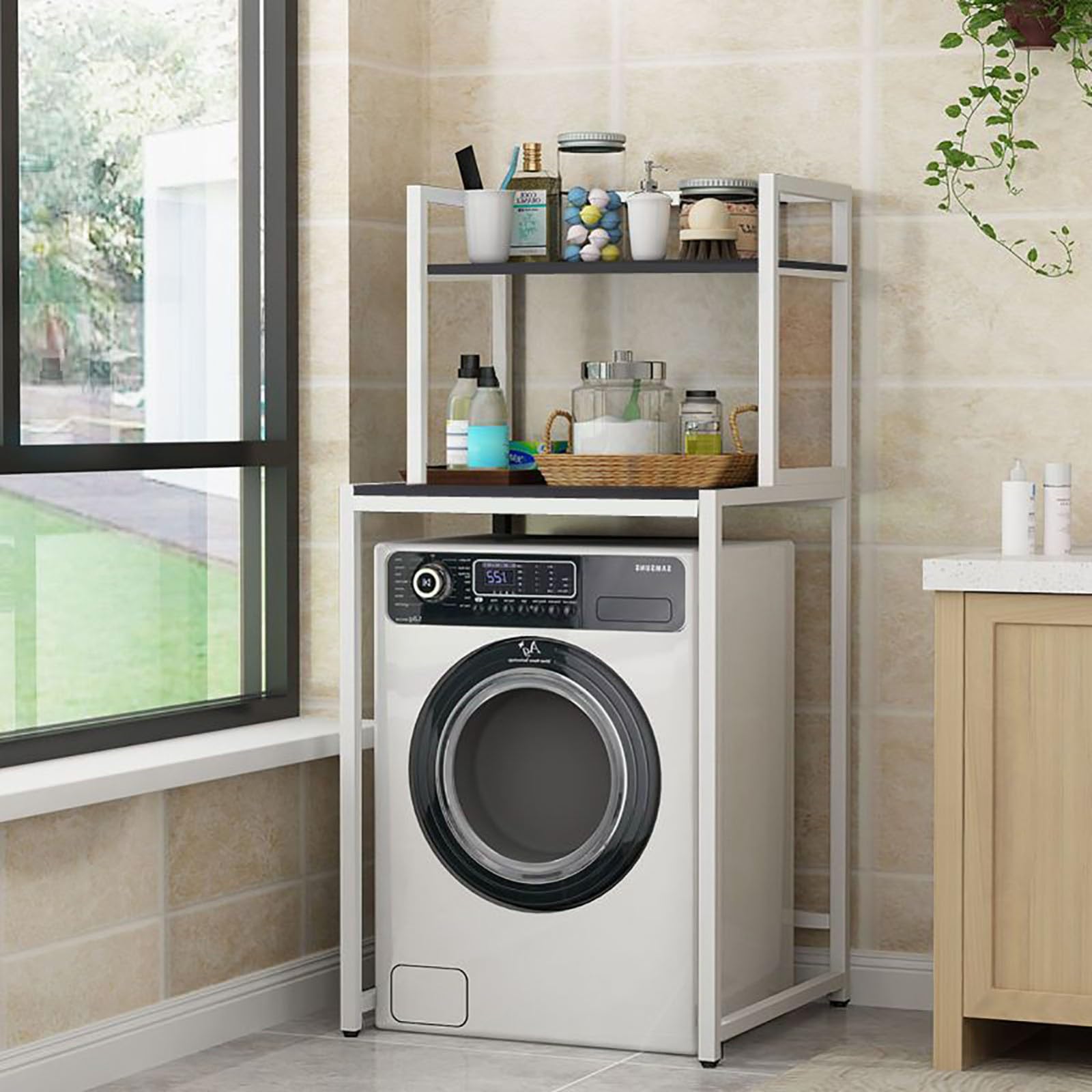 2-Tier Washing Machine Storage Rack Bathroom Shelves Equipped with Thickened Plates and Anti-Slip Mats Upgraded with Strong Load-Bearing Capacity Easy to Assemble B