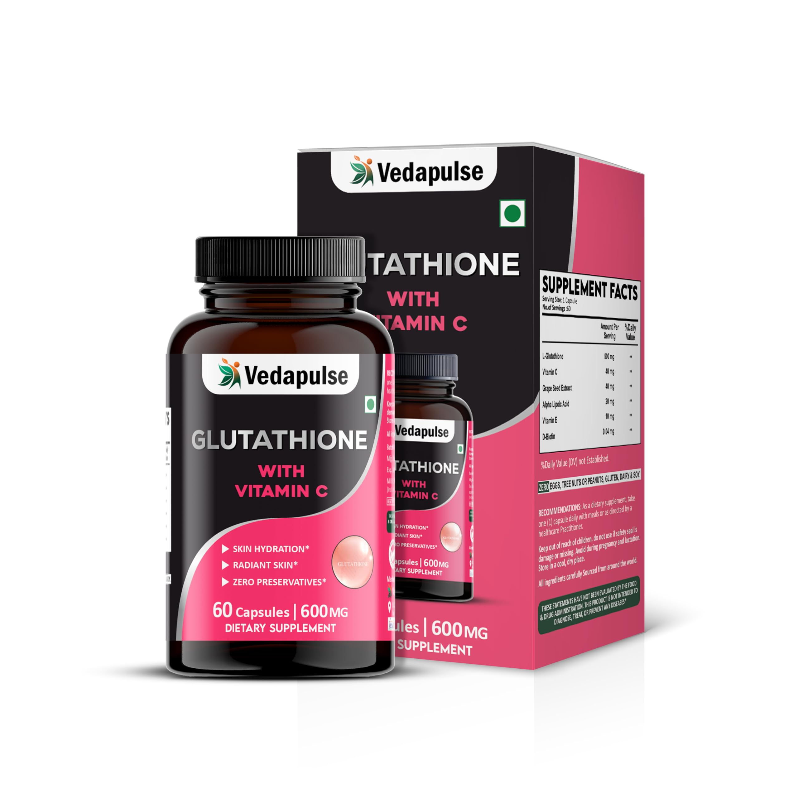 Vedapulse Glutathione with Vitamin C, Grape Seed Extract, Alpha Lipoic Acid, Vitamin E & Biotin | Skin Radiance, Hydration & Antioxidant Support | 60 Capsules