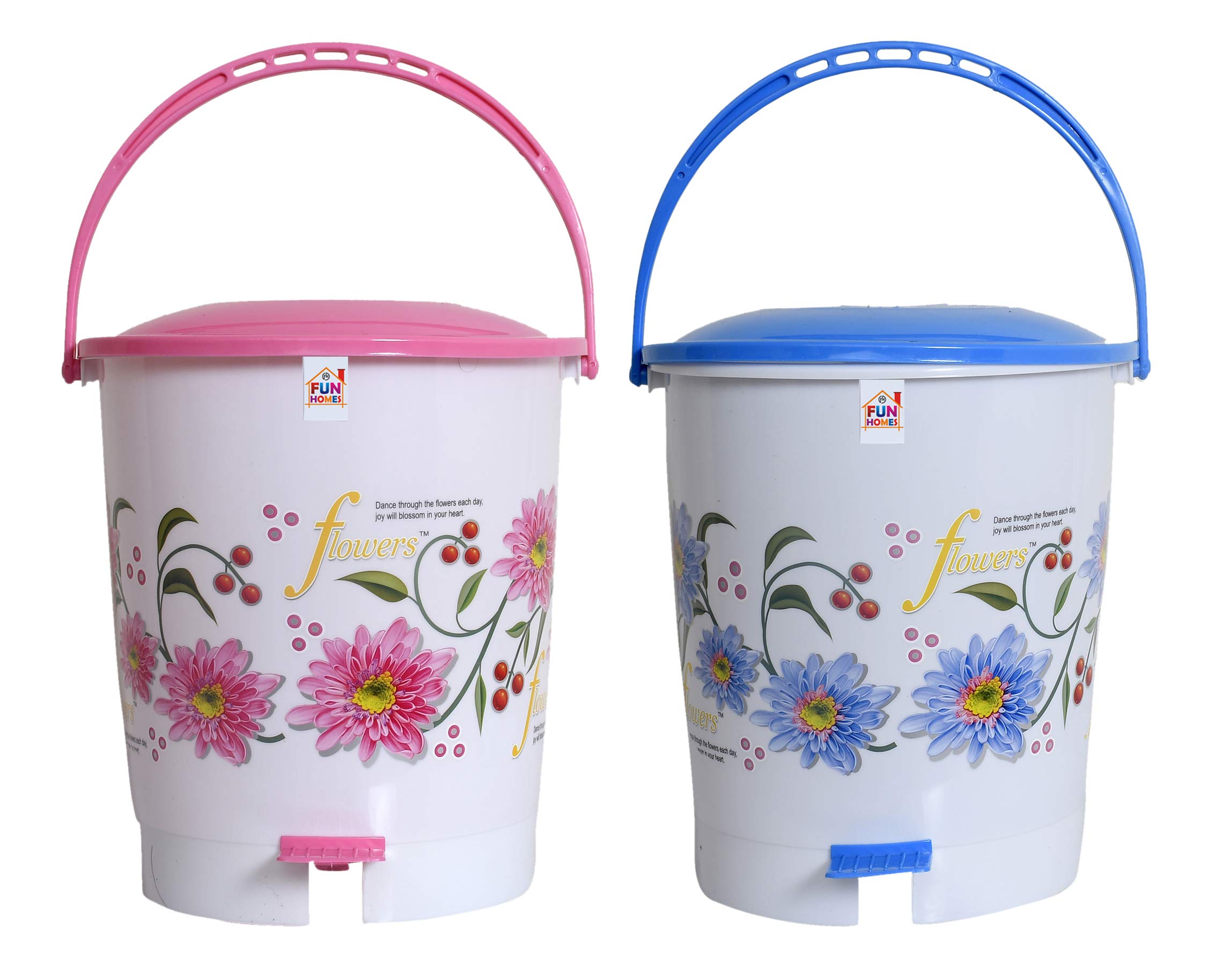 Fun HomesFlower Print Plastic 2 Pieces Garbage Waste Dustbin/Recycling Bin for Home, Office, Factory With Lid, 10 Liters (Pink & Blue)