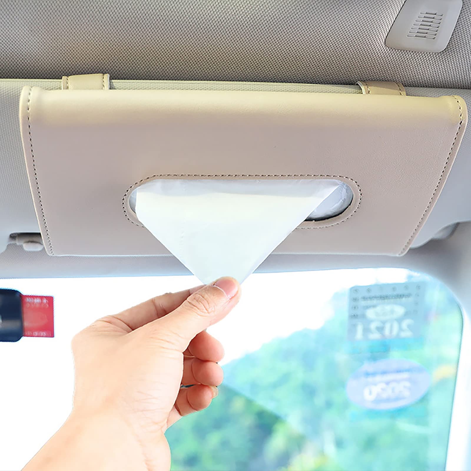 YVPSI Car Tissue Holder Sun Visor Napkin Holder with Tissue Refill Car Mask Holder PU Leather Tissue Box Tissue Box Holder Hanging Tissue Holder Mask Dispenser for Car (Beige)