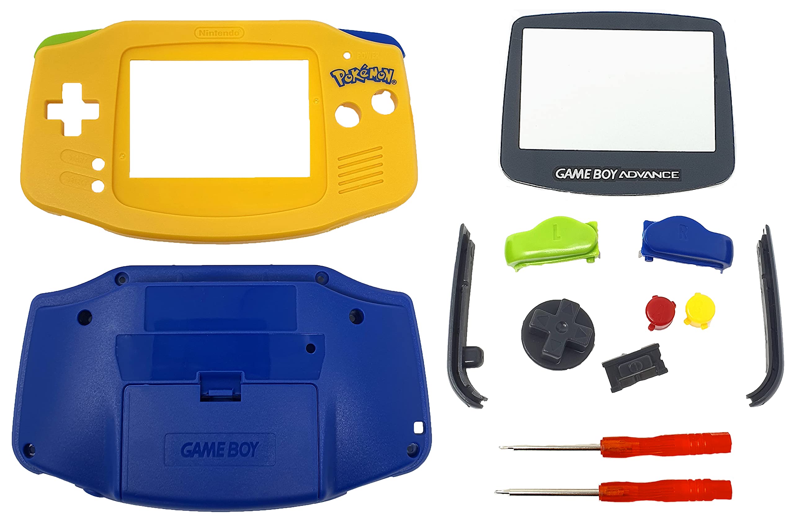 THE TECH DOCTOR Replacement Gameboy Advance Complete Shell Housing Case, Screen Lens & Buttons for Nintendo Gameboy Advance - Professional Repair Kit Including Tools (Pokemon Yellow/Blue)