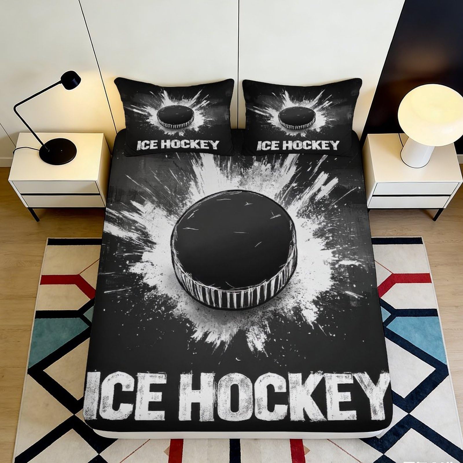3D Printed Ice Hockey Fitted Sheet Microfiber Black White Sports Puck Bed Cover for Bedroom Guest Room Dorm Decor 90x200x25cm