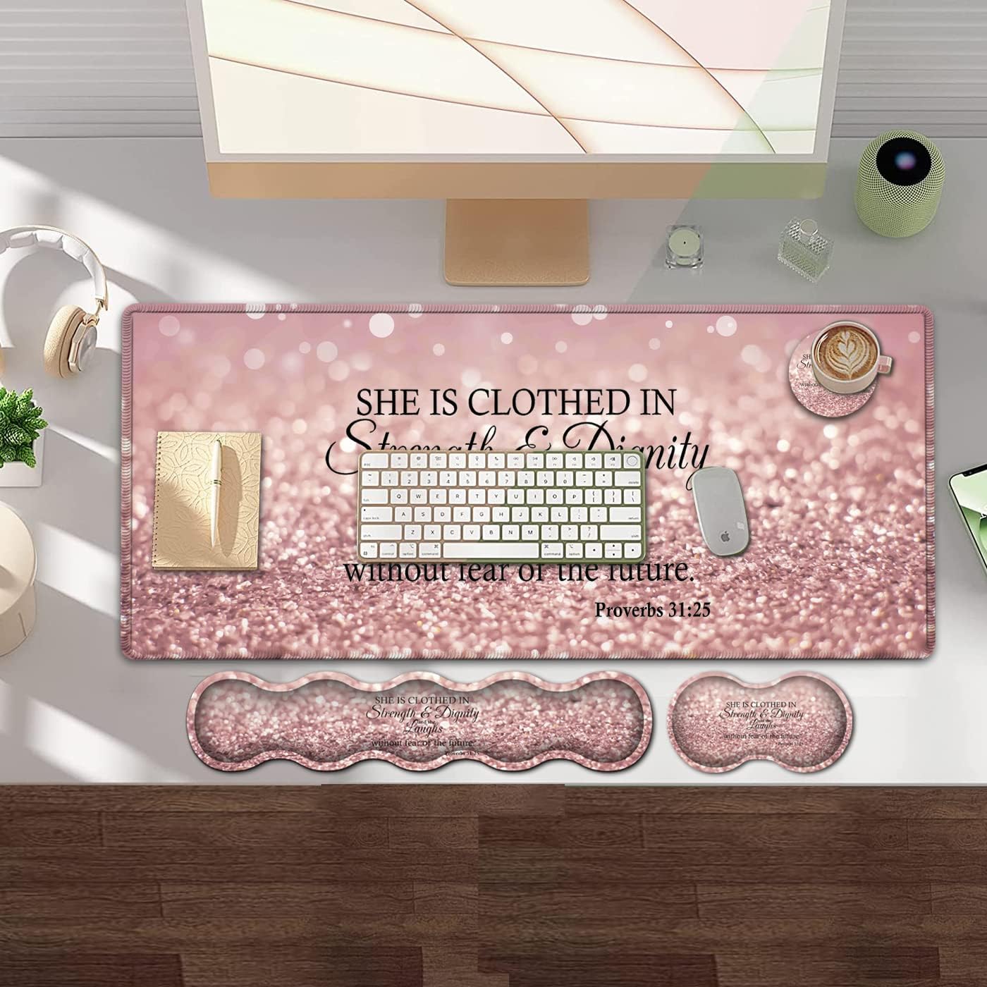 Large Gaming Mouse Pad,Extended Office Desk Mat,Waterproof Desk Writing Pad for Office/Home Ergonomic Mouse &Keyboard Wrist Rest,Proverbs 31:25 Bible Verse Laptop Desk Pad Pink Mousepad Wrist Support