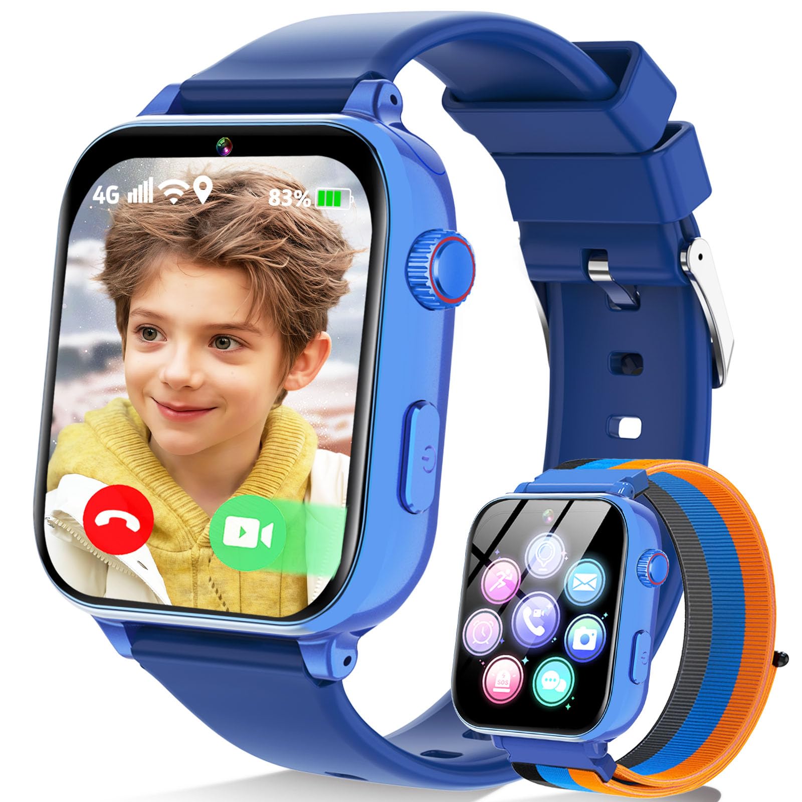 Berilona 4G Montre Connectée Enfant, GPS Smartwatch Téléphone pour Filles Garçons avec Appels/Vidéo/Chat Vocal, SOS, Mode École, Alarme, Podomètre, Jeux Smart Watch pour Enfants 4-12 Cadeau,Blue