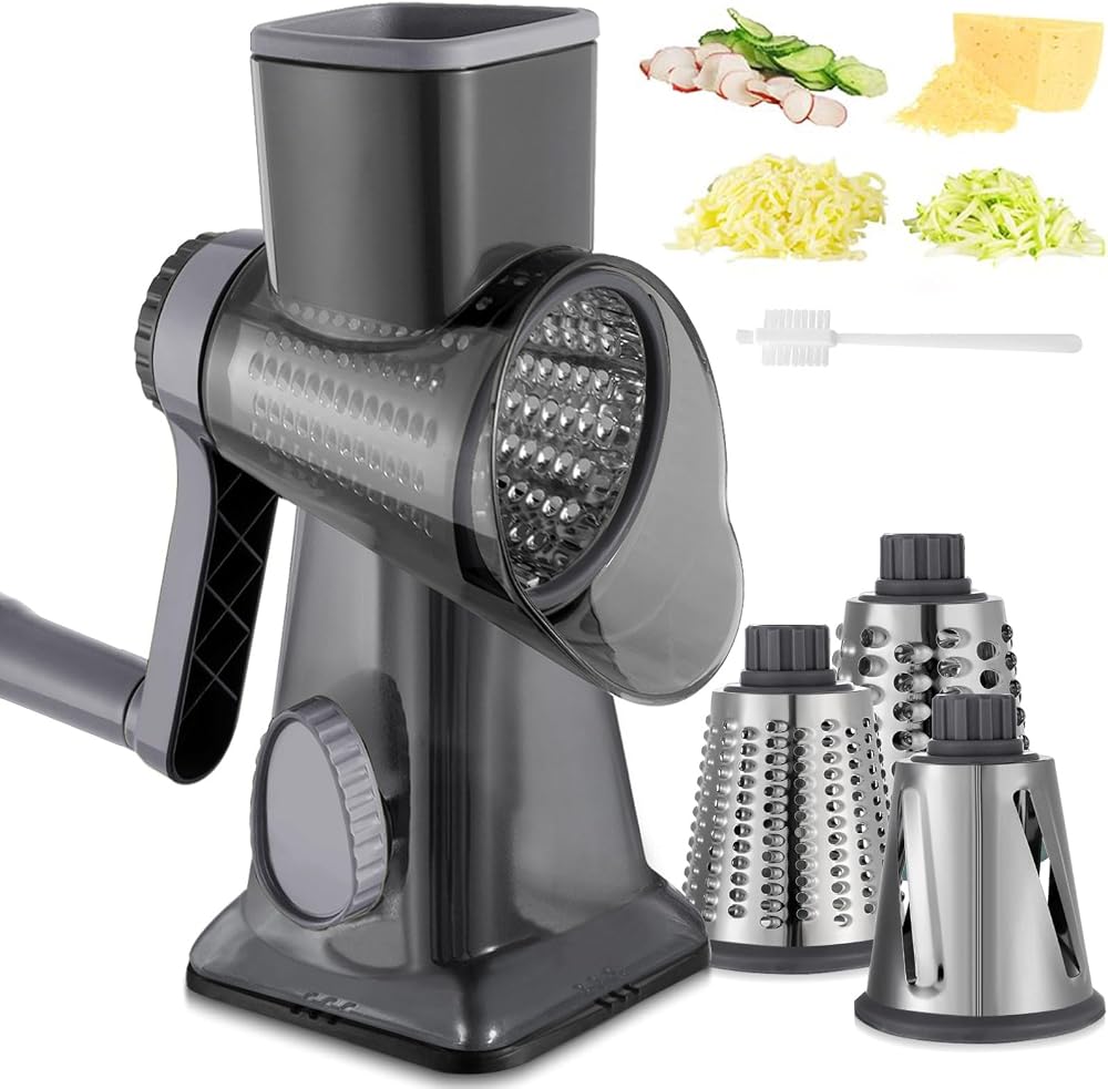 Cheese Grater Hand Crank Rotary Vegetables Shredder with Handle | 3-in-1 Graters, Interchangeable Blades, Non-slip Base, Multifunctional Slicer