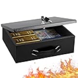 KYODOLED Fireproof Document Box with Key Lock, Large Safe Storage Box for Valuables, Fire Resistance Security Chest, Lock Box for Passport, Cash, Tablet 12.9'' x 10.7'' x 4.2'' Black
