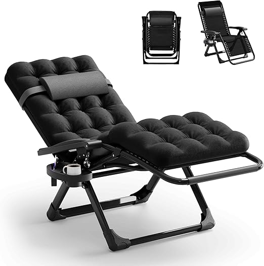 Seeutek Zero Gravity Lounge Chair, Anti Gravity Lounger w/Removable Extra Thick Cushion, Upgraded Lock and Cup Holder, Folding Reclining Chairs Recliner for Patio, Camping, Indoor, Outdoor - Black