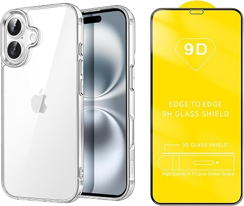 Tisko 1 9D Tempered Glass Screen Protector + 1 Clear Case compatible with iPhone 16, Full Coverage HD Clear Protection, Anti-Scratch, Shatter-Resistant Case & Screen Guard