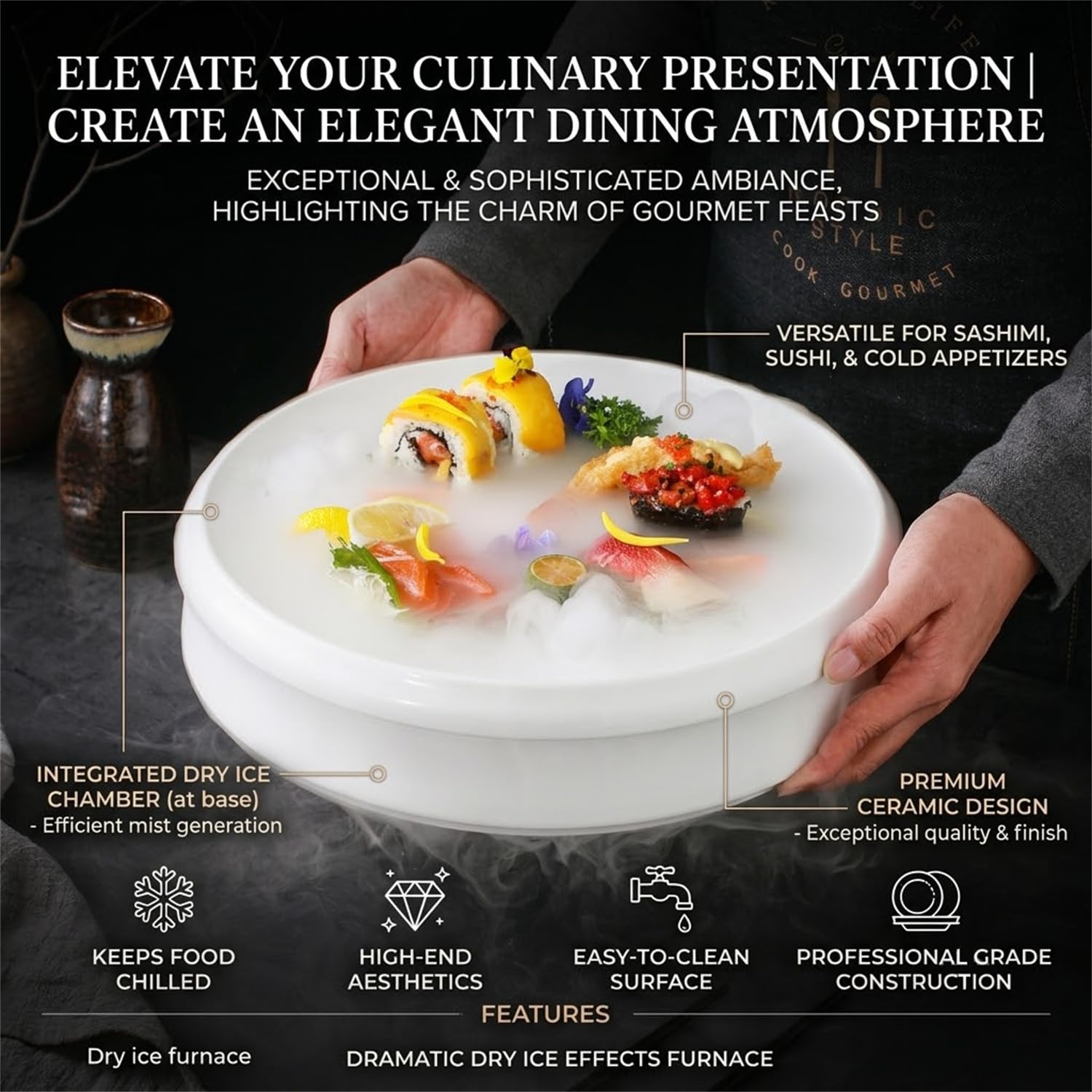 Assiette de Service en céramique pour Sashimi à la Glace carbonique