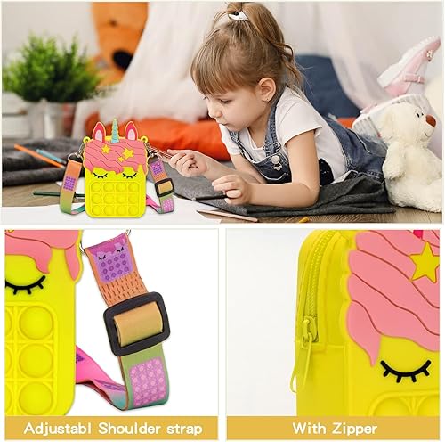 Miniatura 3 de civan Minibolsa amarilla cruzada para niñas y niños, 2 en 1, juguete de burbujas para presionar para la ansiedad, de silicona, de dibujos animados