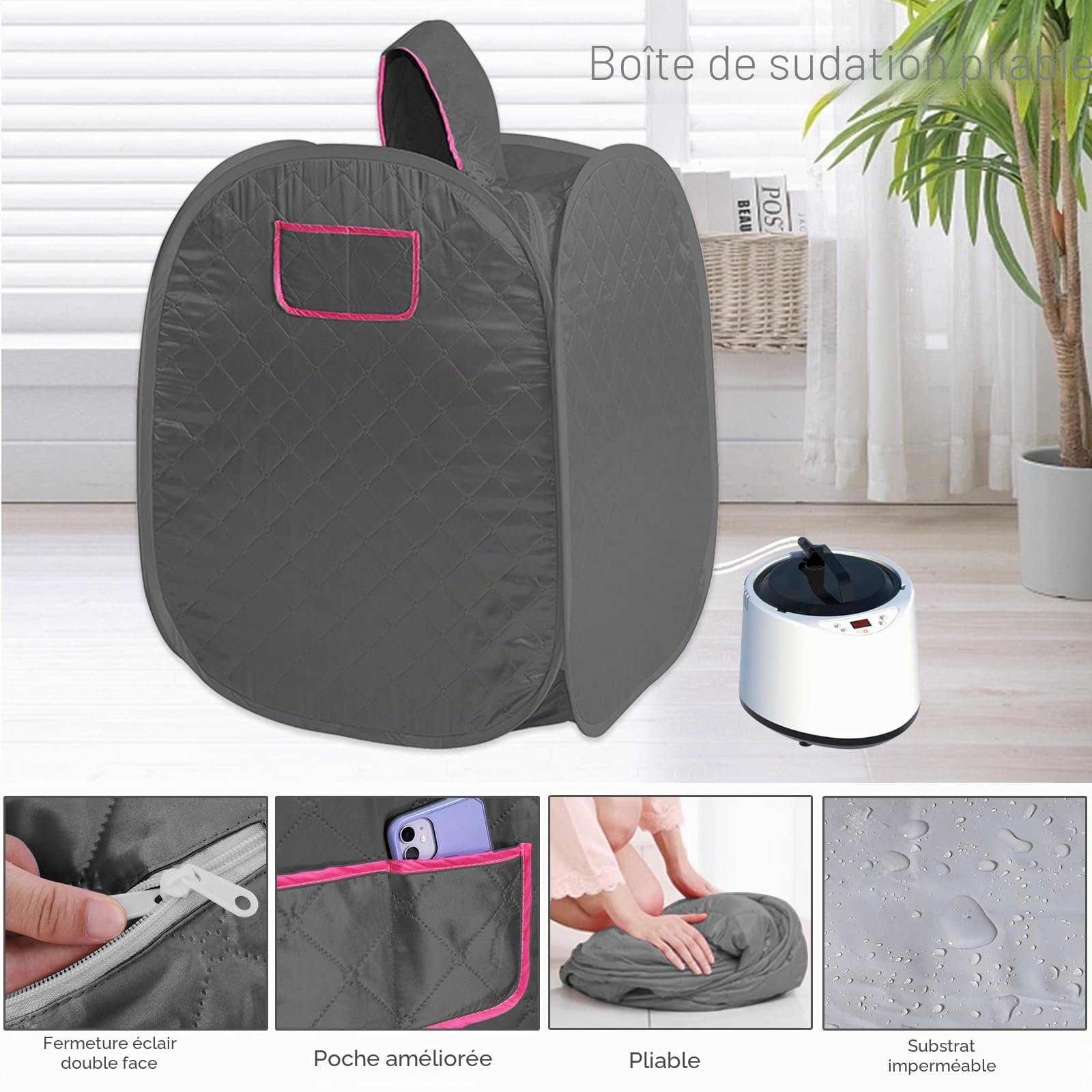 Caisse de sudation, boîte de sauna pliable domestique, sauna à vapeur à la maison, 2 l SPA, sauna à vapeur tente de sauna et télécommande, température portable, sauna infrarouge spa à