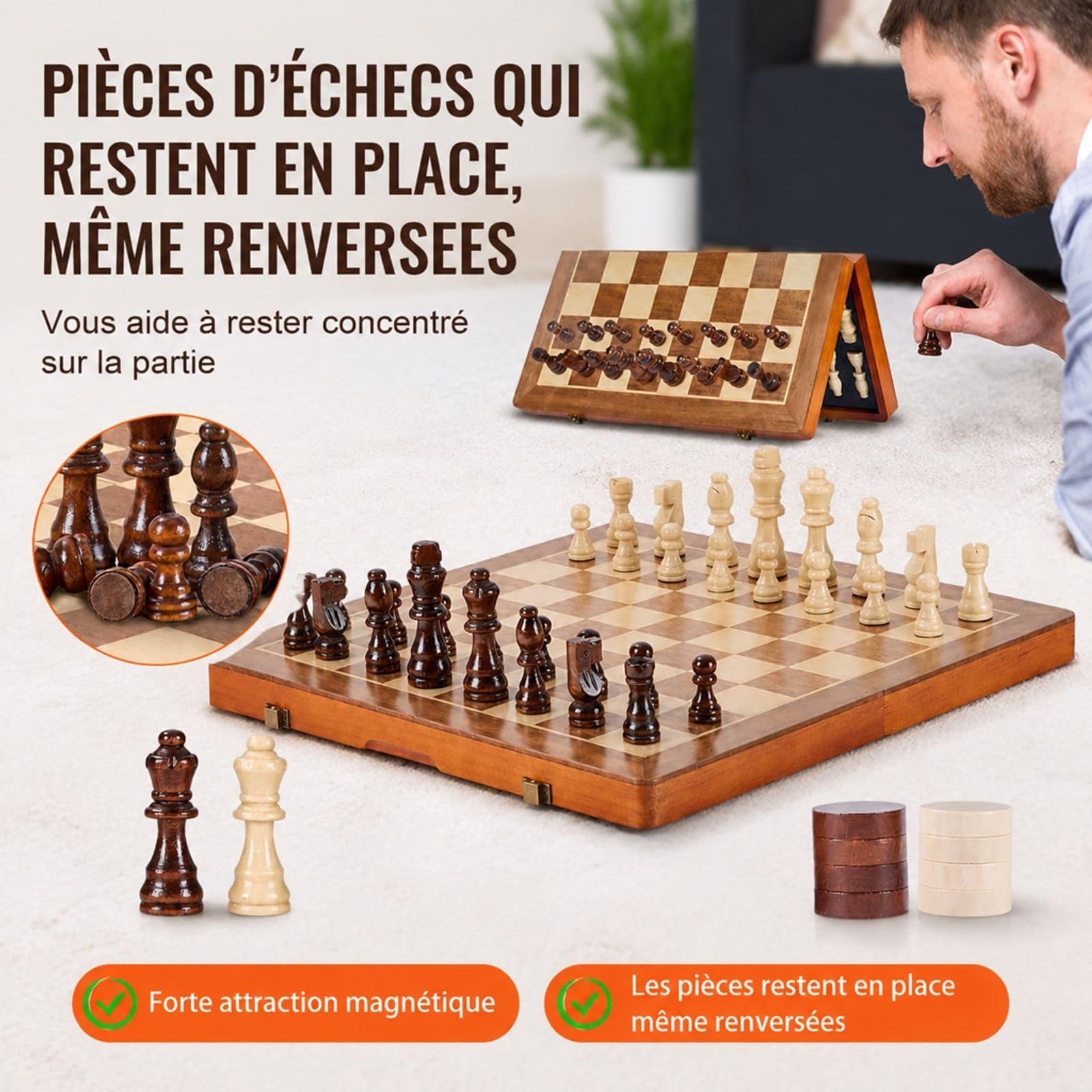 Jeu d'échecs magnétique en Bois, Ensemble 2 en 1 échecs et Dames, échiquier Pliable pour Voyage et soirée Jeux