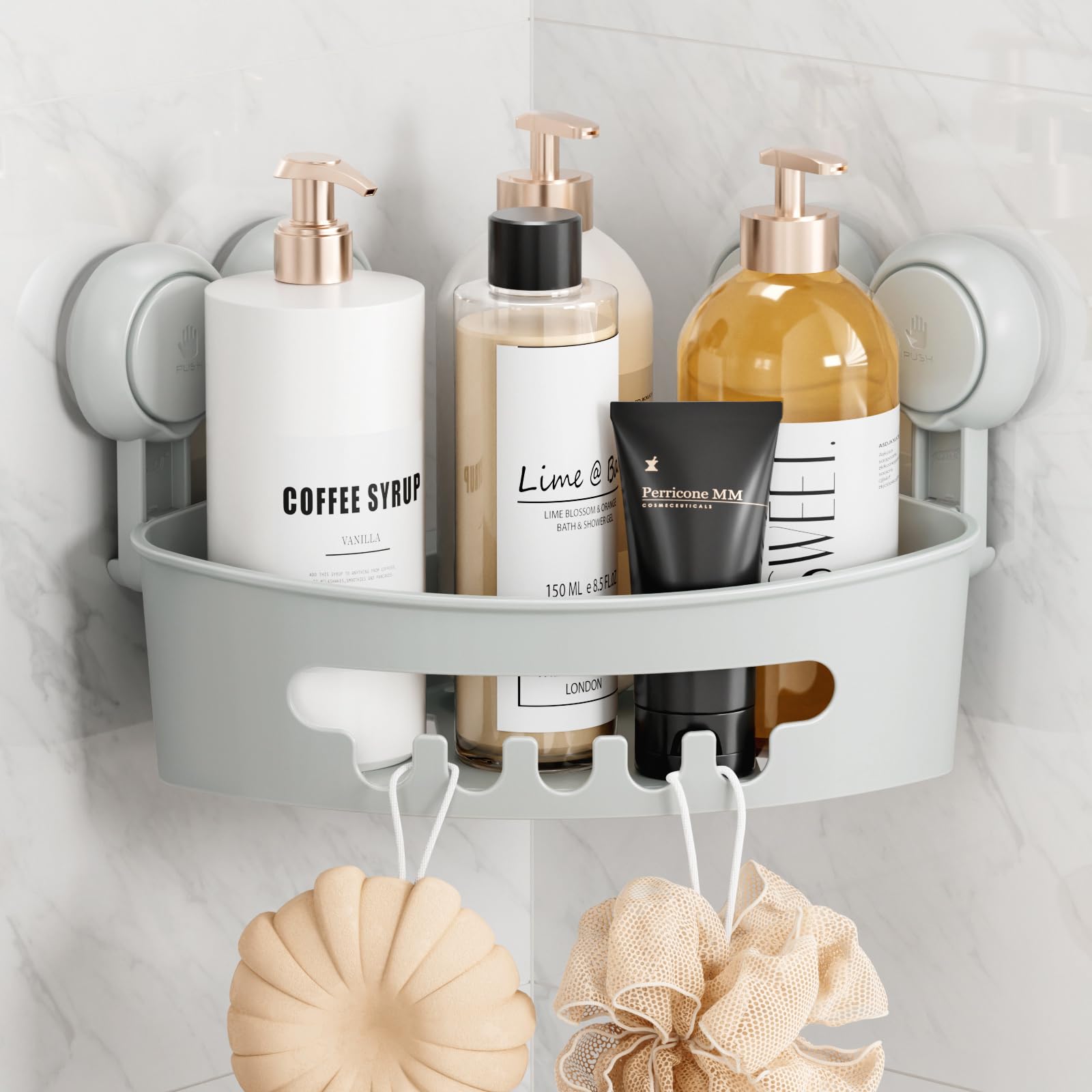 TAILI Corner Shower Caddy with Suction Cups Wall Mounted Organizer Plastic Rack for Small Bathrooms Kitchen Removable Drill-Free