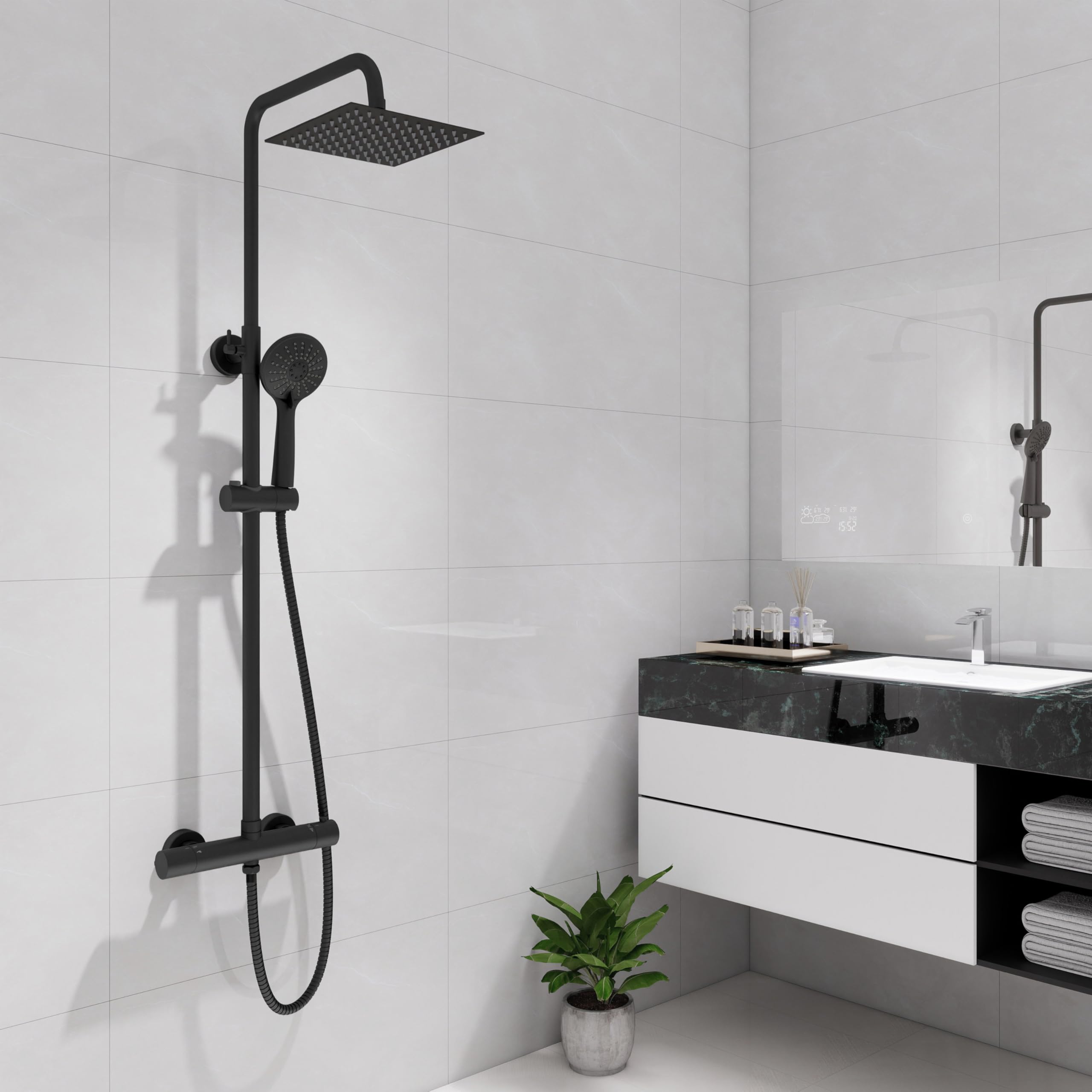 Sline Sanitary Black Sline Thermostatic Shower Mixer Set, 8" Square Overhead Rainfall Shower,38°C Thermostatic Valve Bar,Twin Head Height Adjustable Shower System