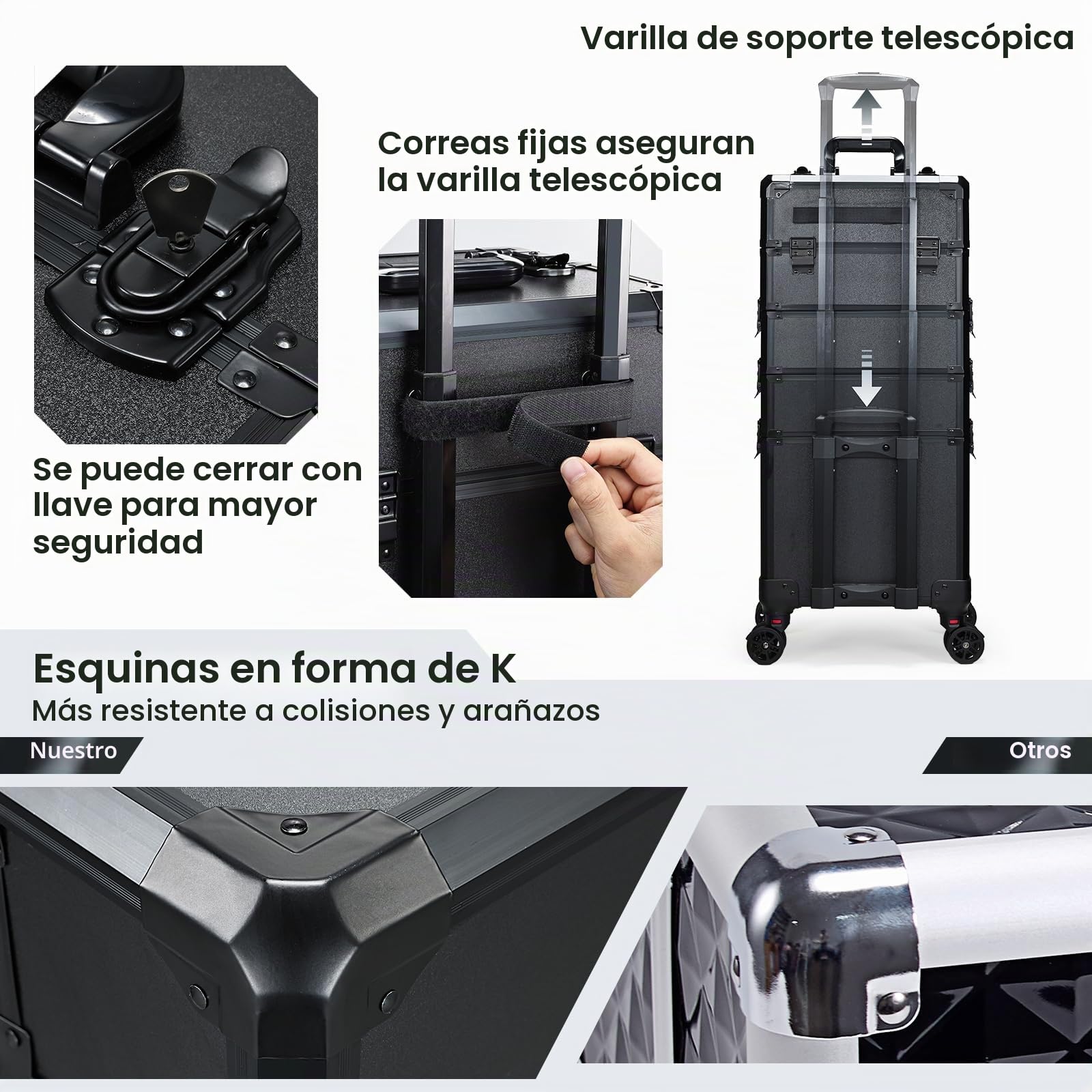 Maleta de Maquillaje con Ruedas - Maletín Belleza 5 en 1 con Cerradura y Mango Telescópico - Estuche para Manicura, Peluquería, Tatuaje - Organizador Profesional, Negro