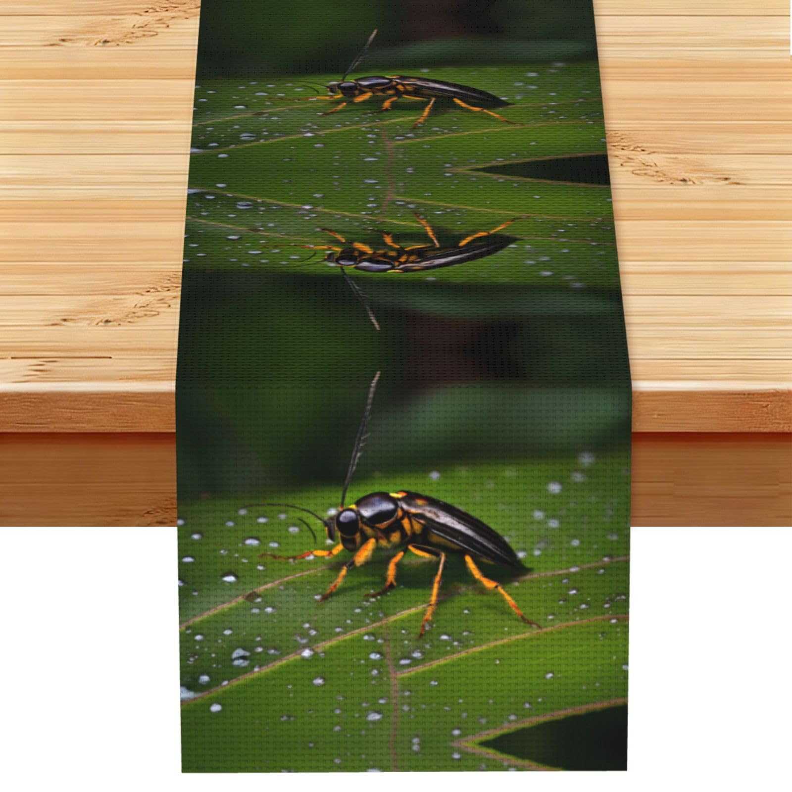 Insects on leaves Linen Look Table Runner 13x72-Wrinkle Resistant Farmhouse Style for Dining Table Decor