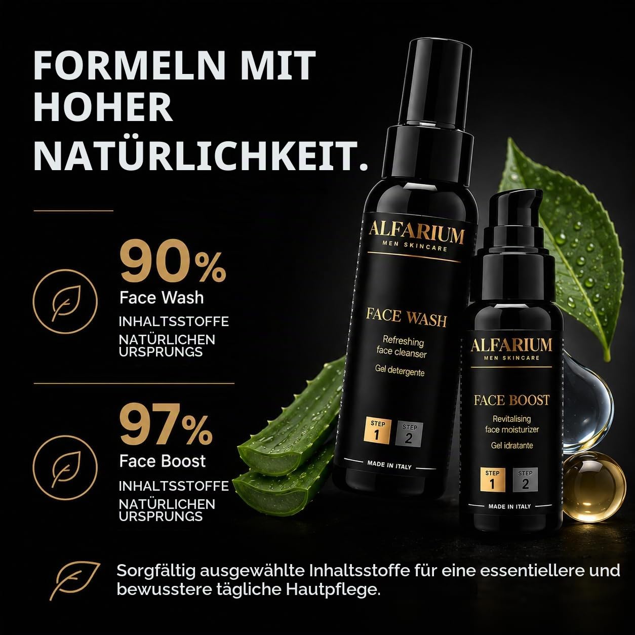 Alfarium Pflegeset für Männer - Gesichtsreiniger & Feuchtigkeitscreme für fetting & gemischt Haut mit Vitaminen A/B5/C/E, Hyaluronsäure - Gesichtsreinigung und Anti Aging Creme Männer - Made in Italy