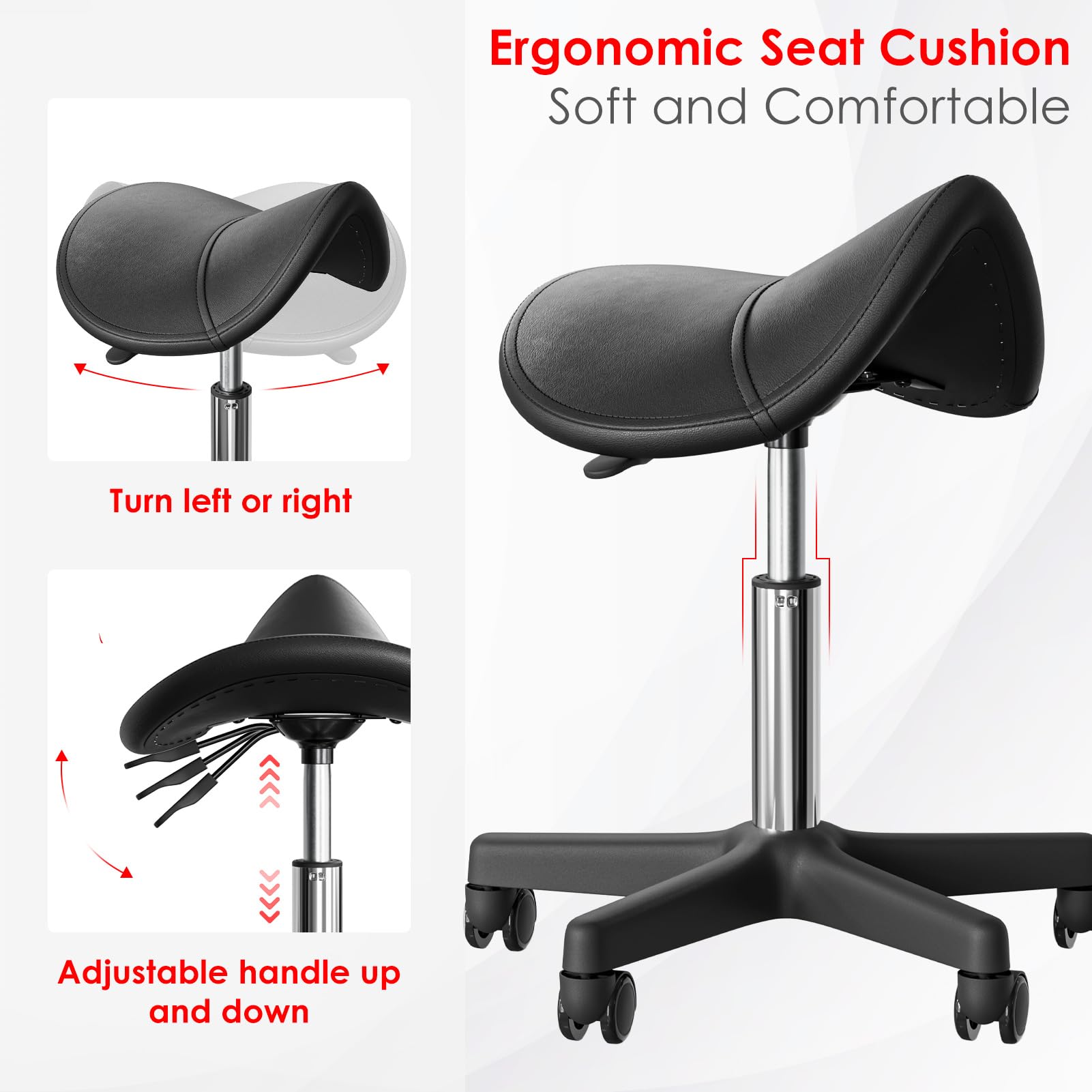 Taburete con ruedas con capacidad para hasta 350 libras, altura ajustable, patas de nailon con ruedas para spa, masaje, salón, hogar, oficina, médico, tatuaje, bar, negro 2