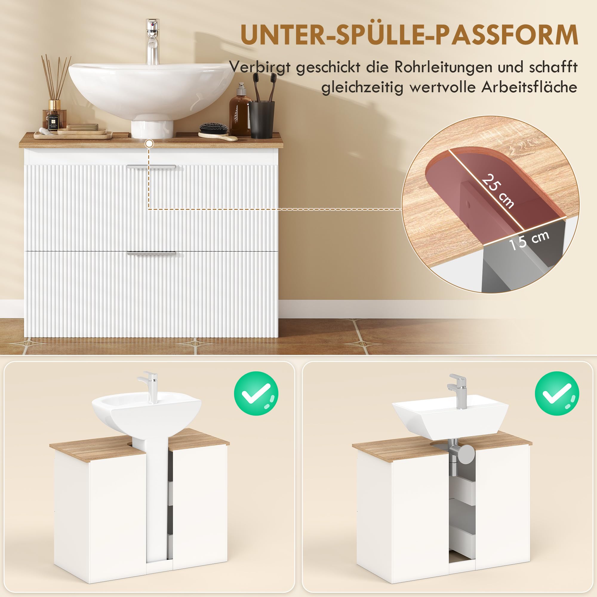 HOMCOM Waschbeckenunterschrank Zwei Schubladen 80x40x60cm Weiß+Natur