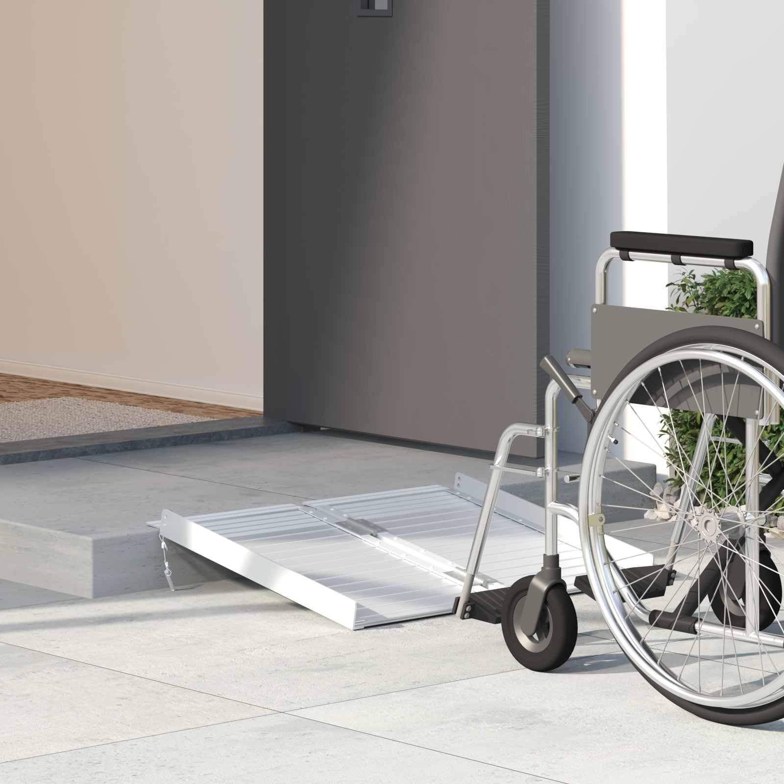 Rampa plegable para silla de ruedas de aluminio 62 x 73 x 5 cm, capacidad de carga de 270 kg, rampa de acceso para sillas de ruedas y ayudas de movilidad, color plateado