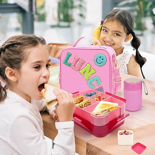 Miniatura 2 de Lonchera rosa para niñas con termo de 10 onzas, con caja Bento de 6 compartimentos, bolsa de almuerzo aislada de nailon con correa ajustable para
