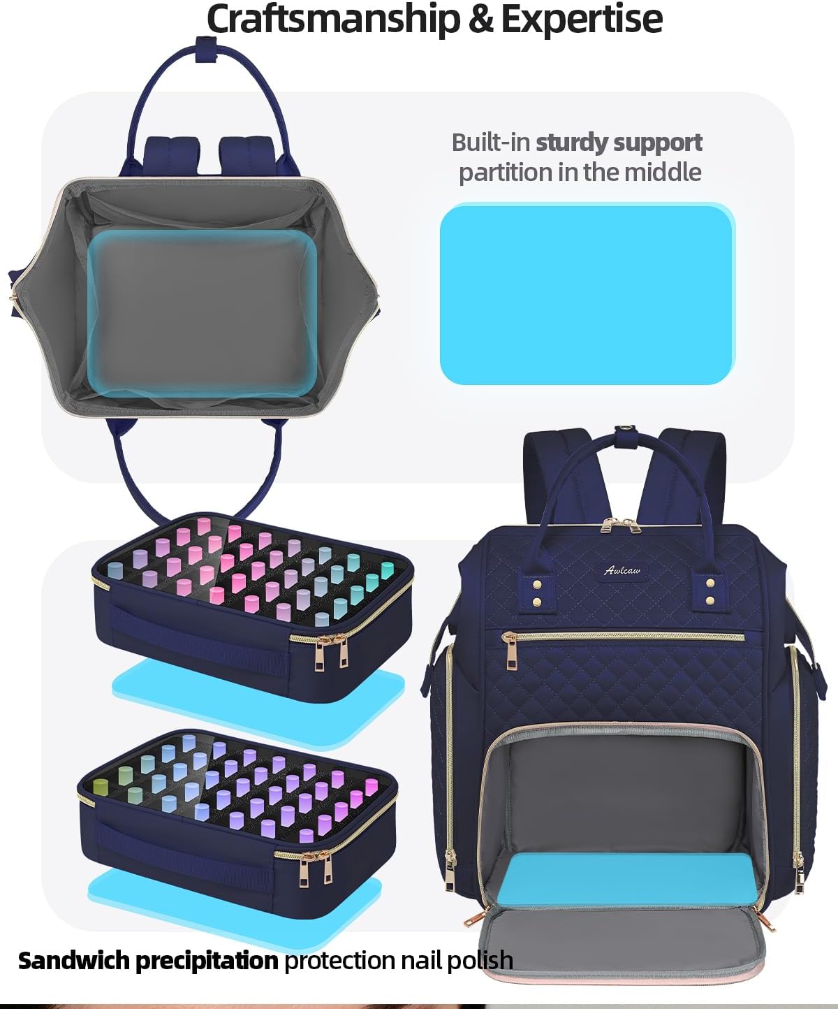 Large Nail Polish Organizer Bag Backpack Holds 70+ Bottles(15ml/0.5 fl.oz) UV Nail Lamp,Nail Organizers and Storage with 2 Removable Pouches Fits Nail Tool,Gift for Manicurist，Blue