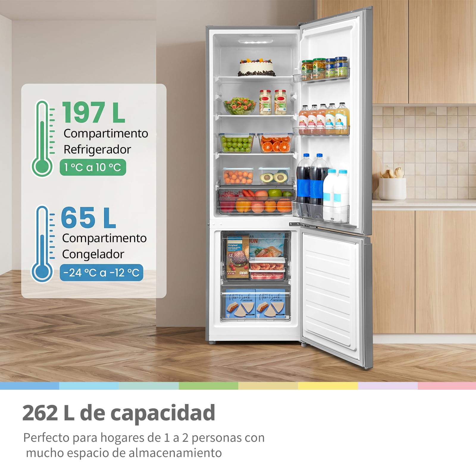 Comfee' RCB268LS2EU(E) Frigorífico Combinado, 262L, Gran Capacidad, Low Frost, Altura 177,3 cm, Bajo nivel de ruido 39 dB, Luz LED, Temperatura Regulable, Acero Inoxidable